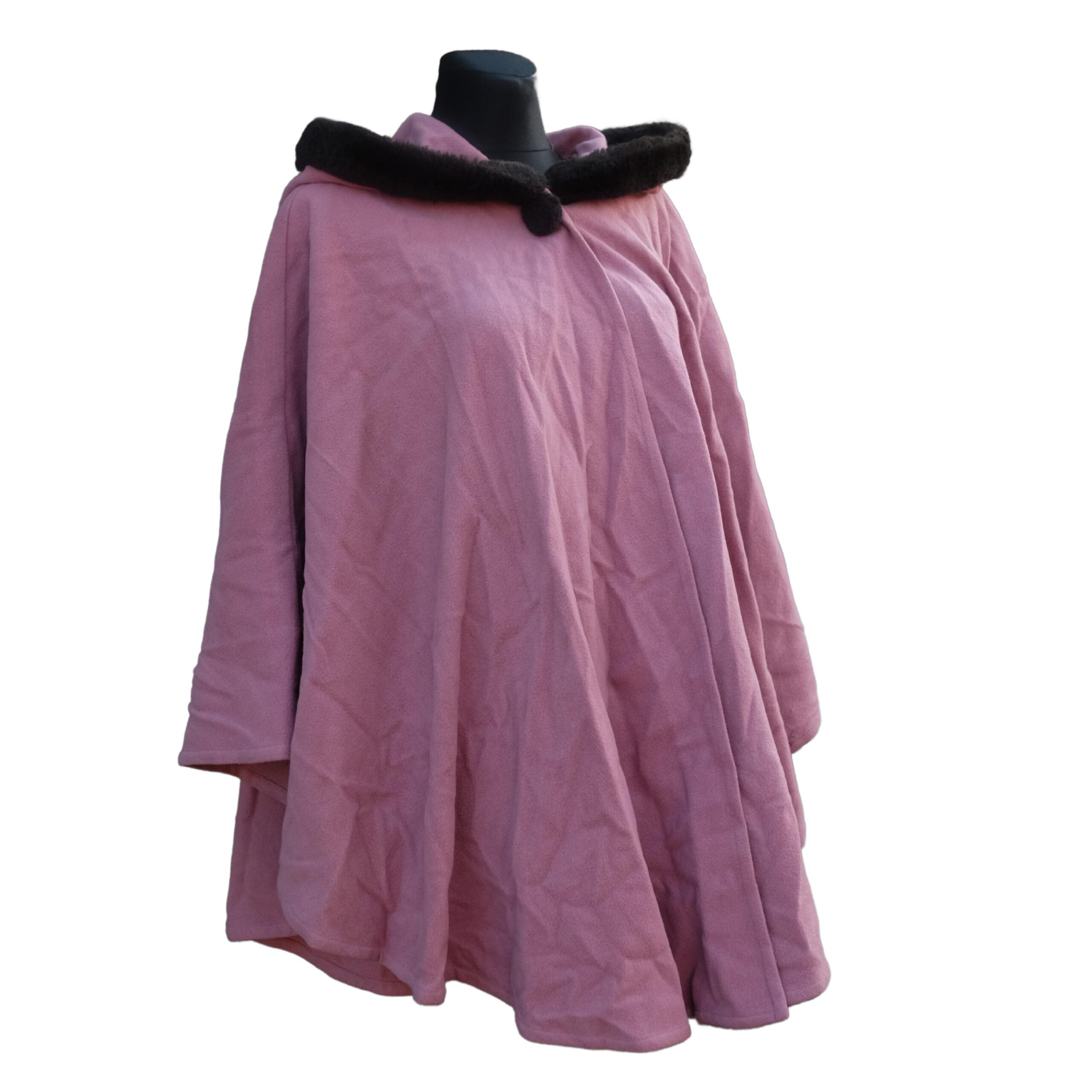 Vintage Pink Cape Coat with Black Faux Fur Trim, Hooded Spring coat - Image 6