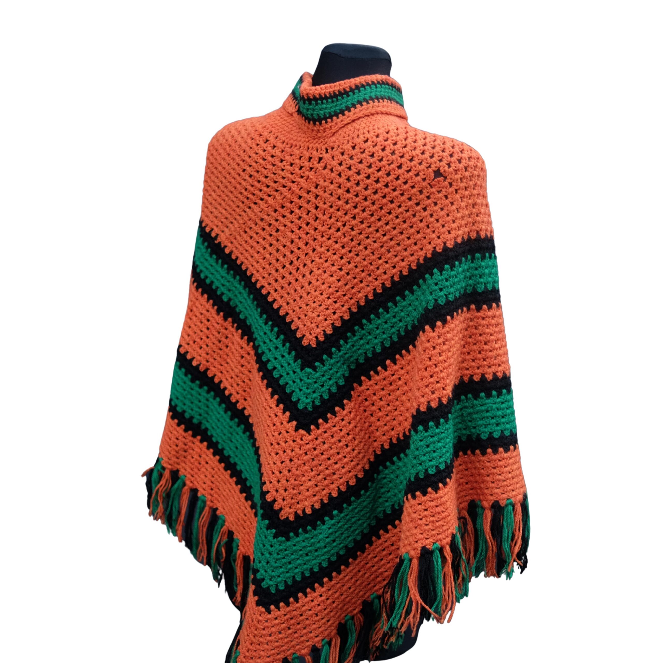 Vintage Crochet Orange and Green Poncho - Image 2