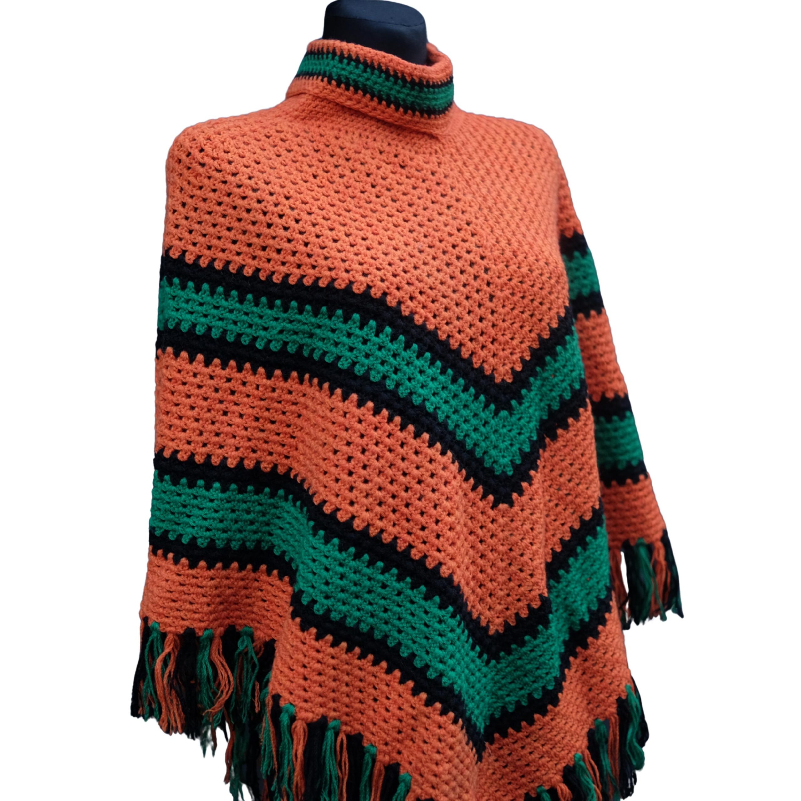 Vintage Crochet Orange and Green Poncho - Image 3