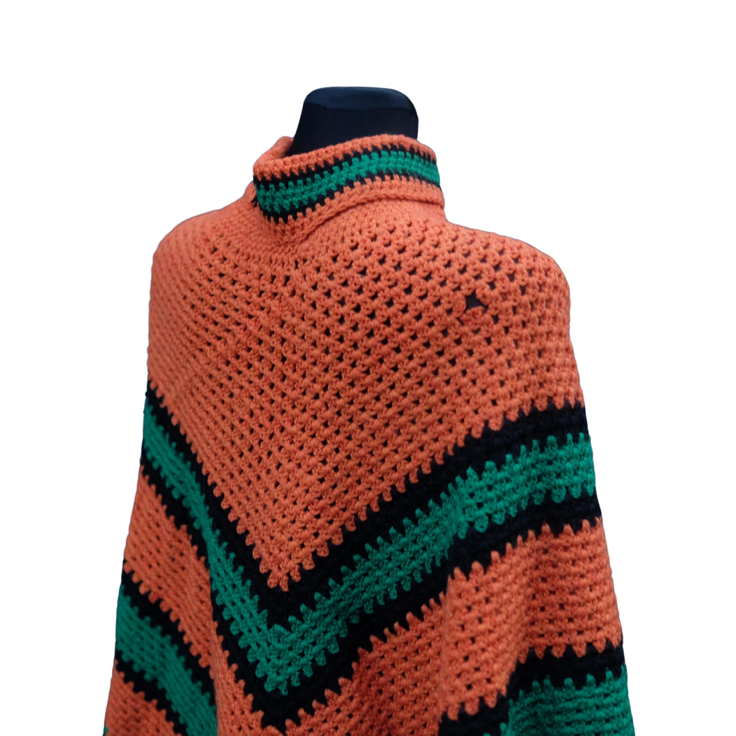 Vintage Crochet Orange and Green Poncho - Image 7