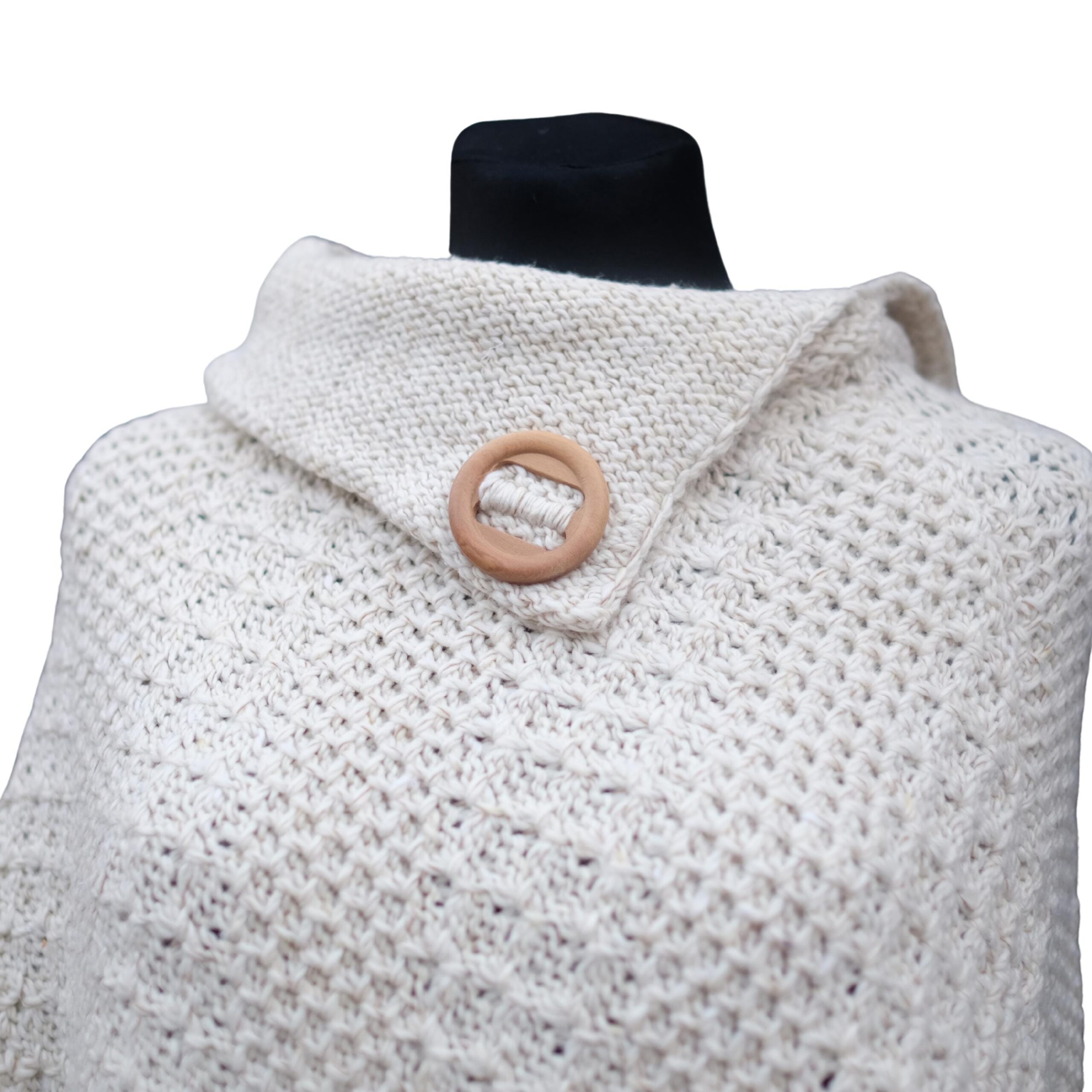 Vintage White Knitted Poncho with Wooden Button, Elegant Classy Knitwear, Old Money - Image 4