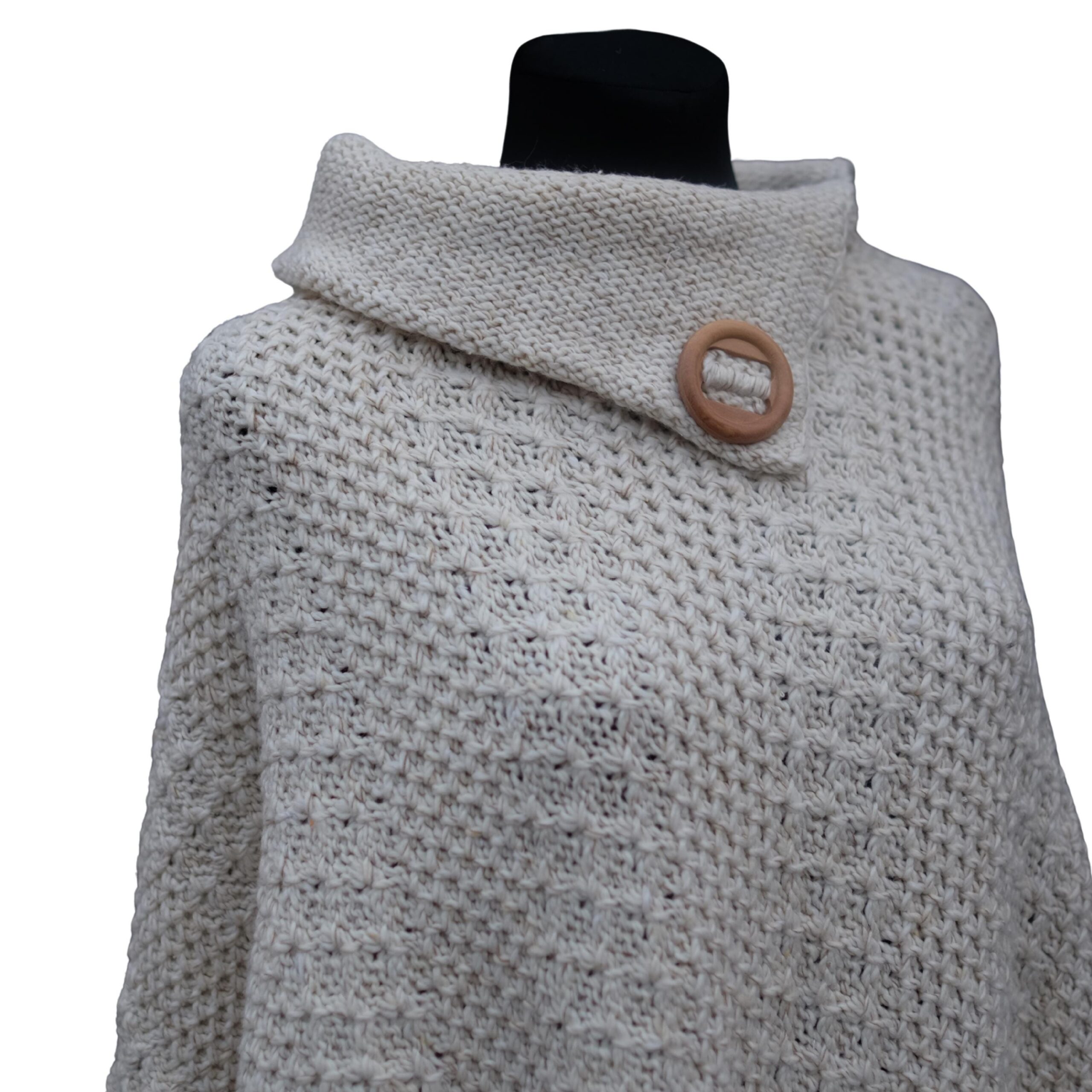 Vintage White Knitted Poncho with Wooden Button, Elegant Classy Knitwear, Old Money - Image 2