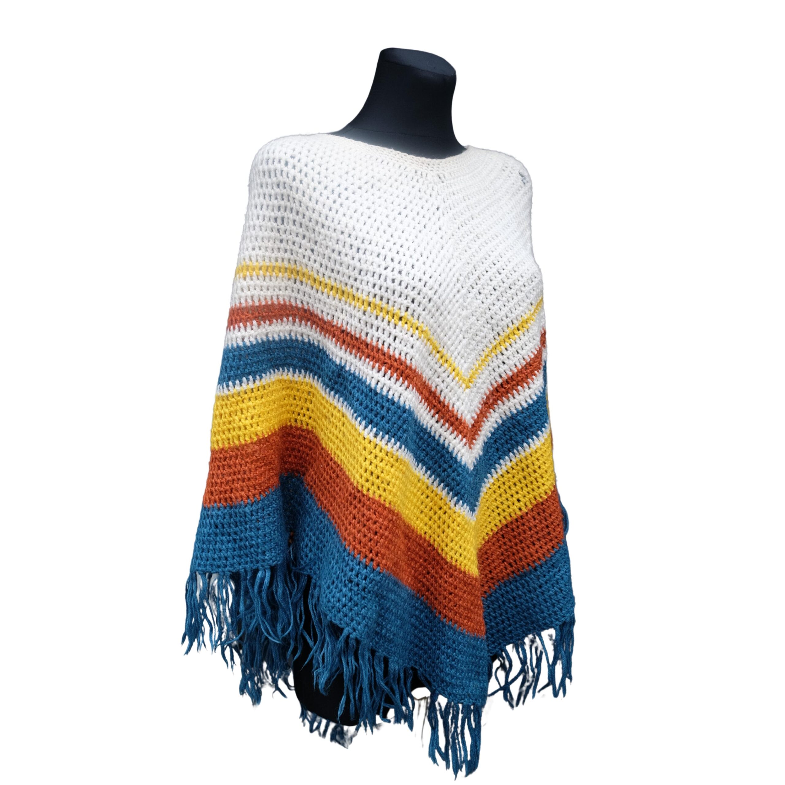 Vintage Crochet White and Blue Poncho
