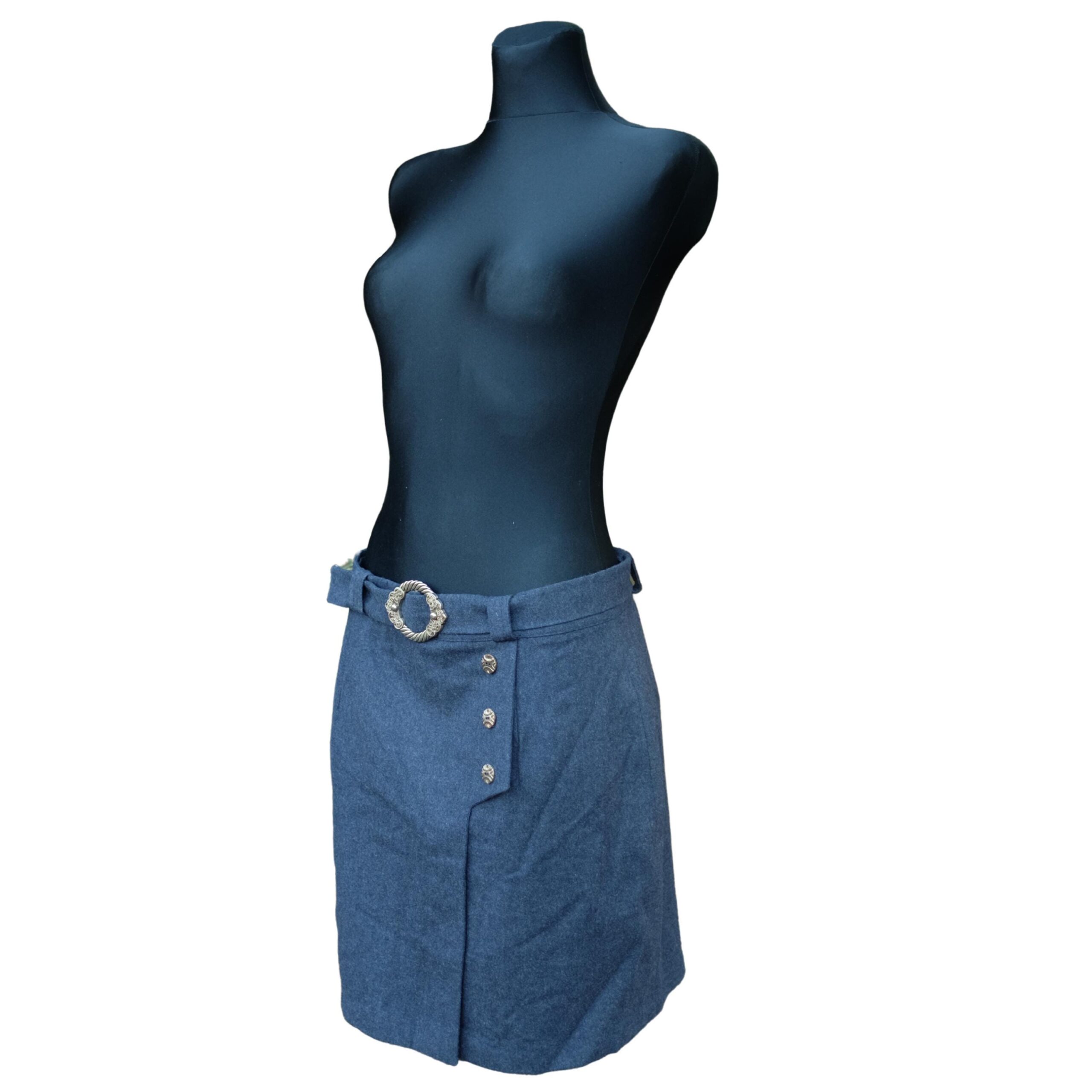 Vintage Blue Pencil Skirt with Golden Buckles and Buttons, Wool mini skirt - Image 3