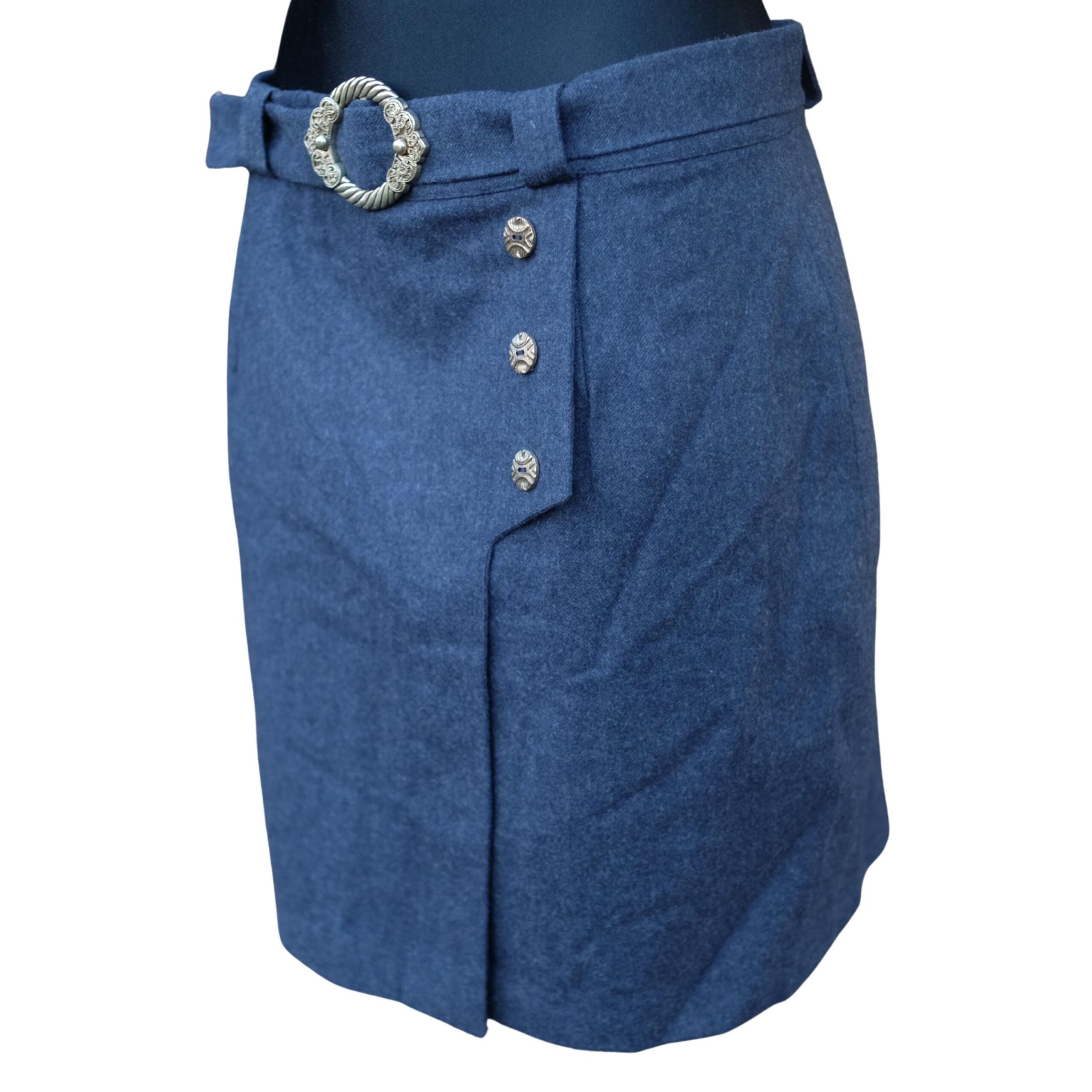 Vintage Blue Pencil Skirt with Golden Buckles and Buttons, Wool mini skirt - Image 2