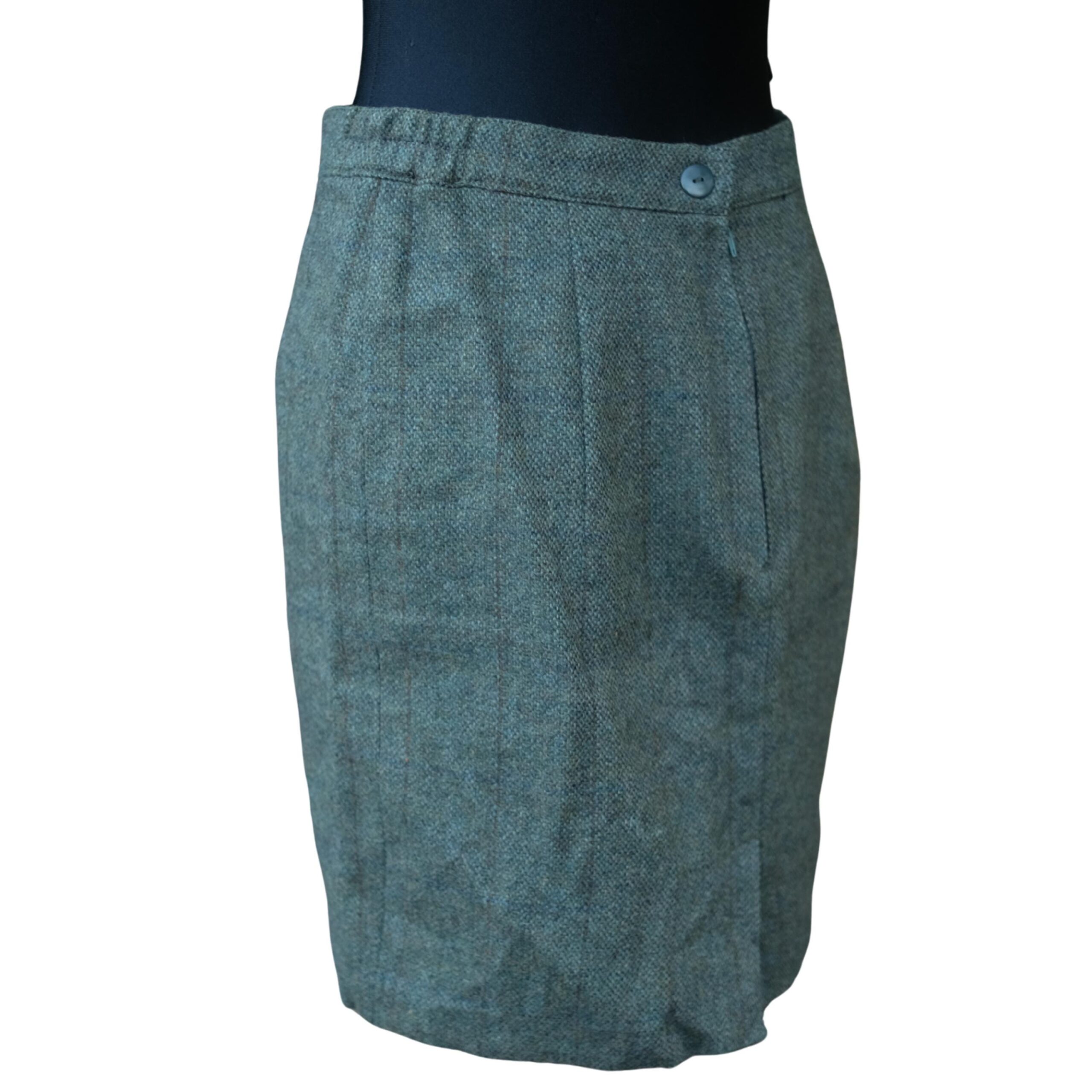 Vintage Green Tweed Mini Pencil Skirt Size EU40, Army green wool plaid skirt - Image 3