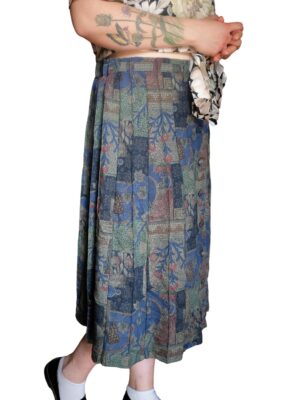 Vintage Wool Floral Pleated Skirt in Earthy tones and blue