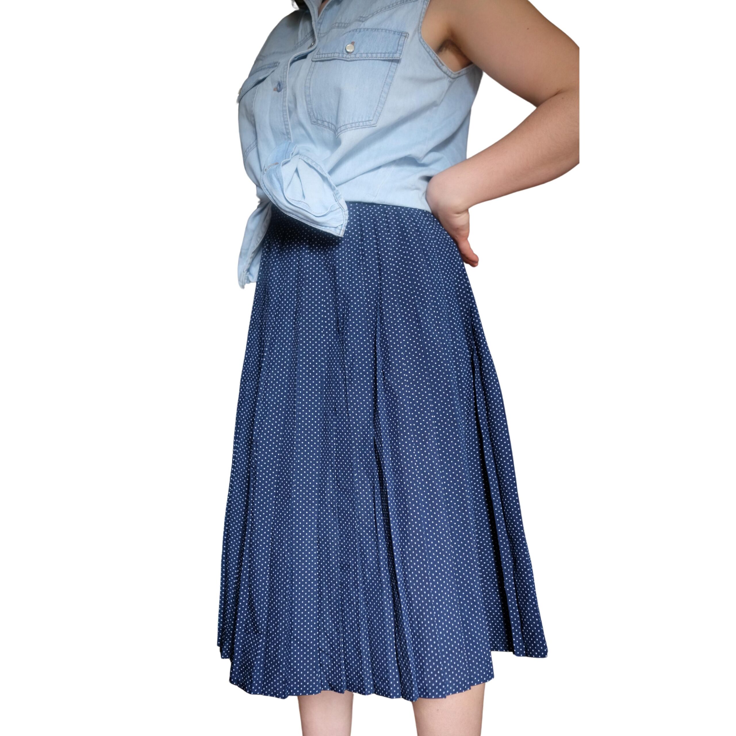 Vintage Navy Blue and Polka Dots Pleated Skirt - Image 3
