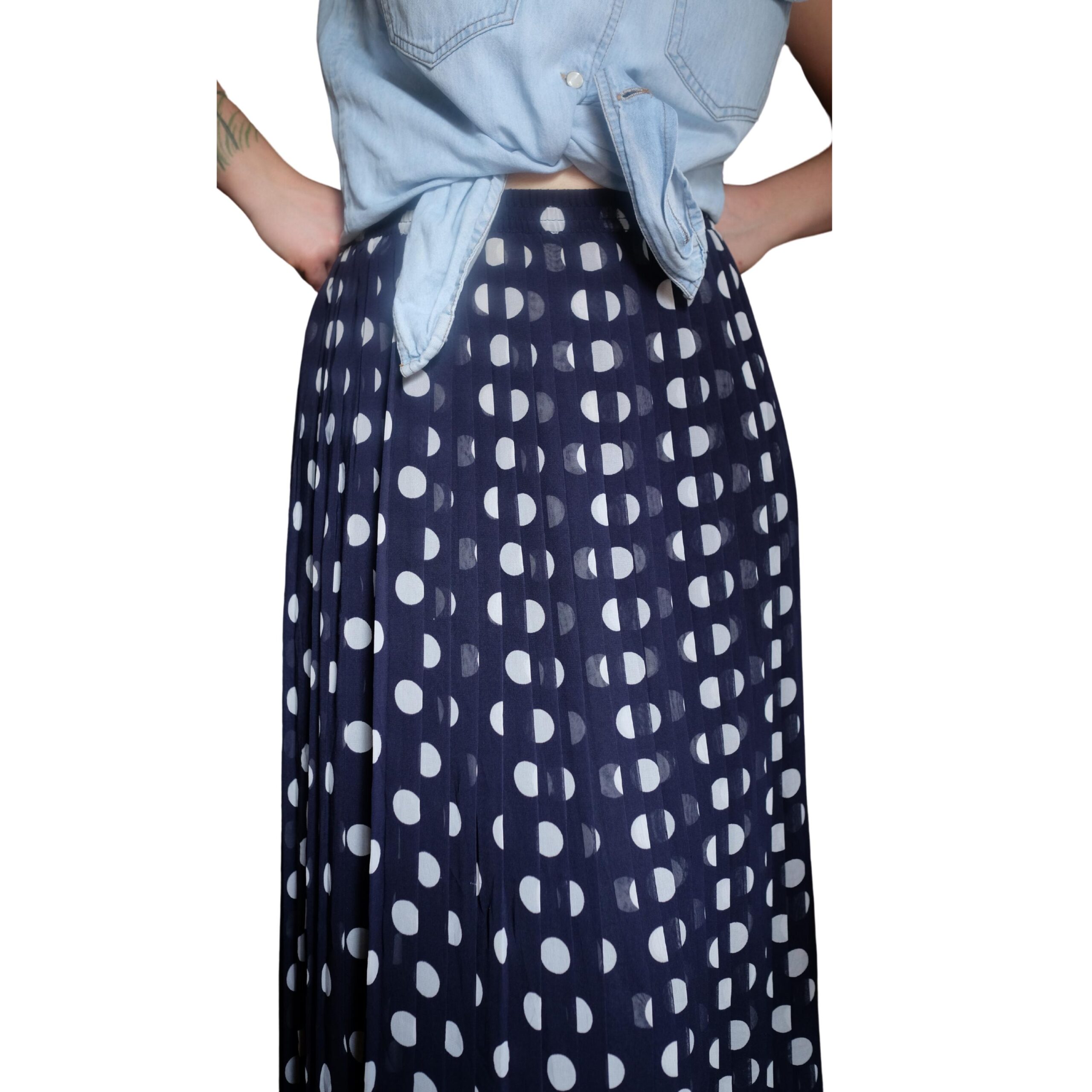 Vintage Navy Blue and White Polka Dots Pleated Skirt - Image 3