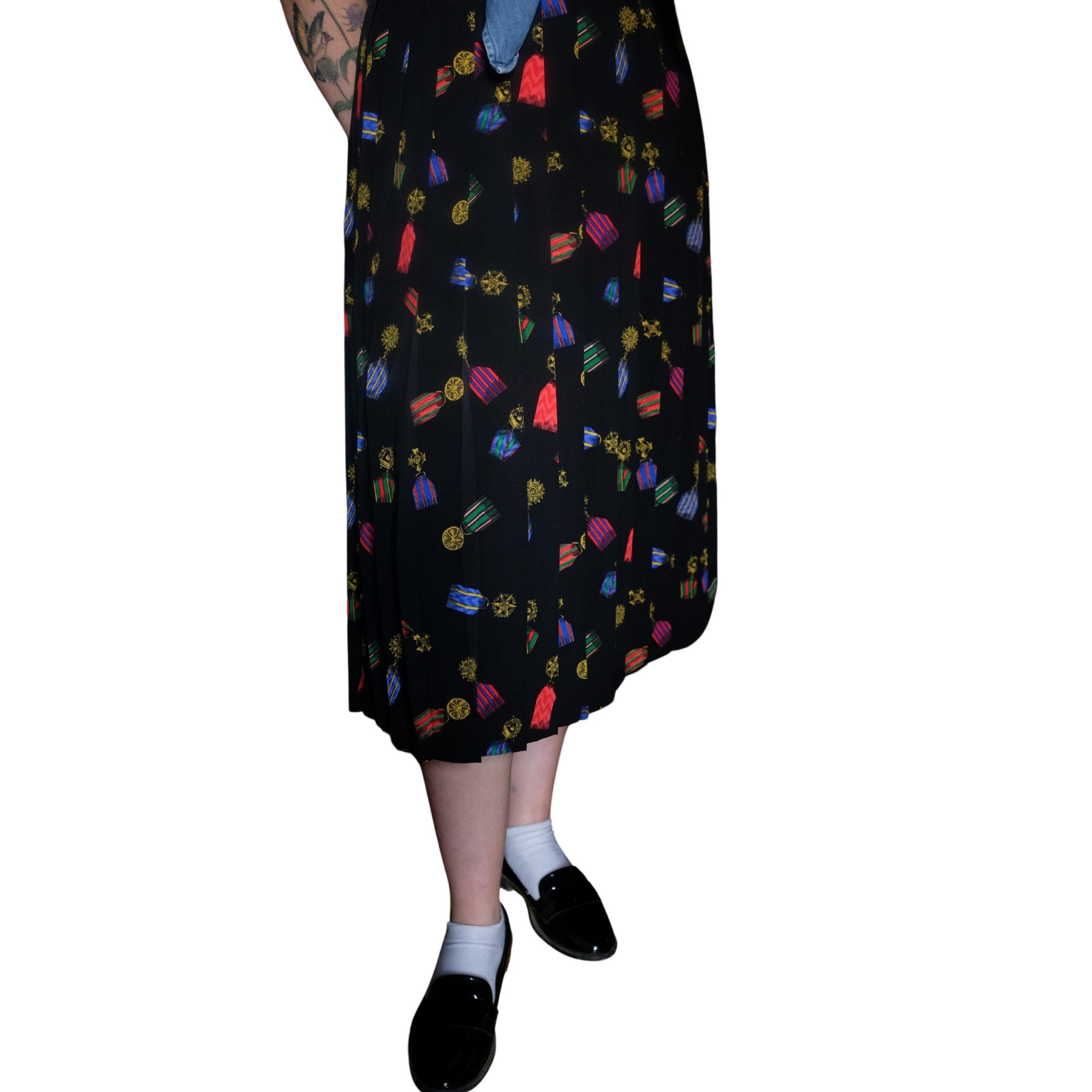 Vintage Black Pleated Skirt with Medals Pattern - Image 3