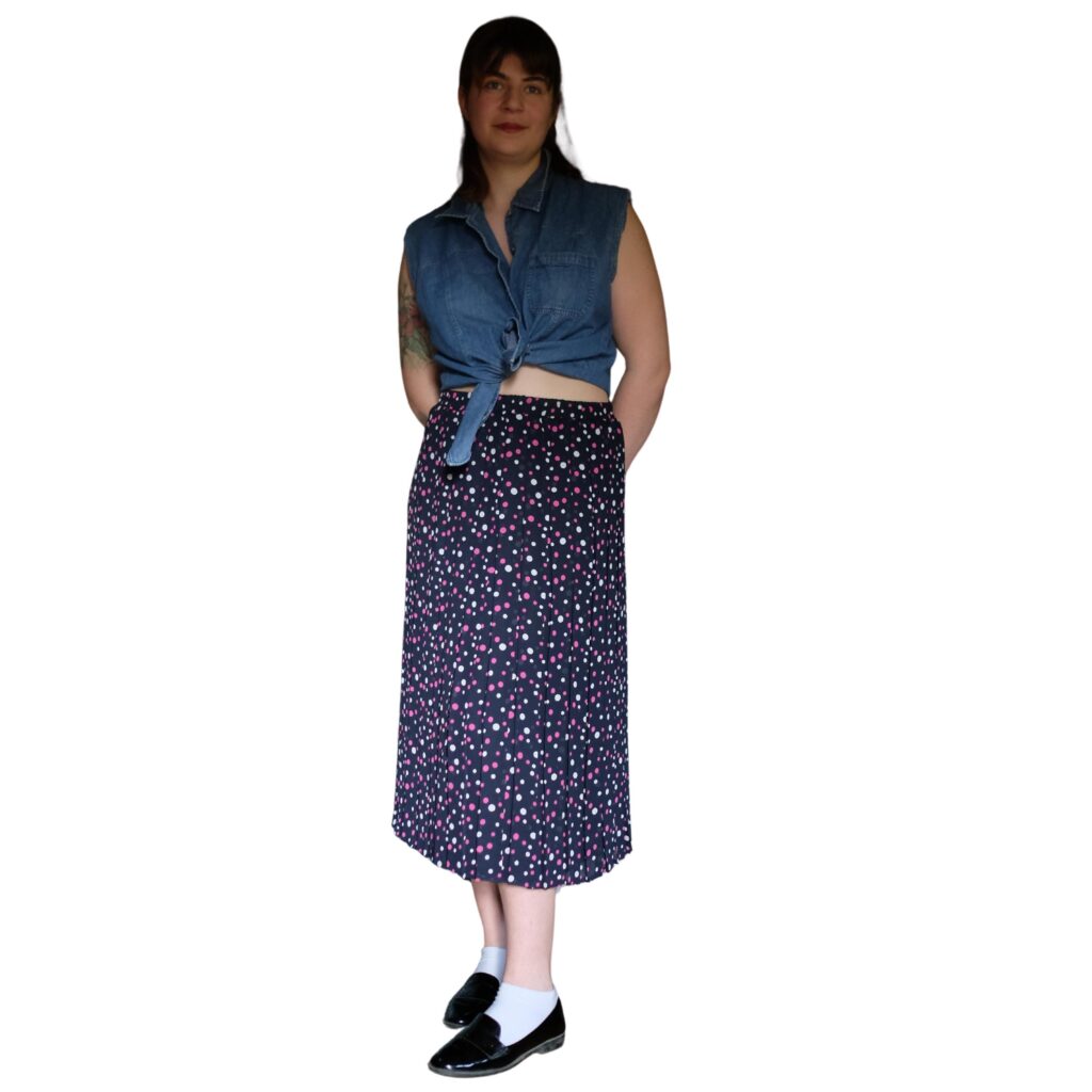 Vintage Black Pleated Skirt with Pink and White Dots