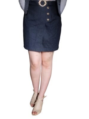 Vintage Blue Pencil Skirt with Golden Buckles and Buttons, Wool mini skirt