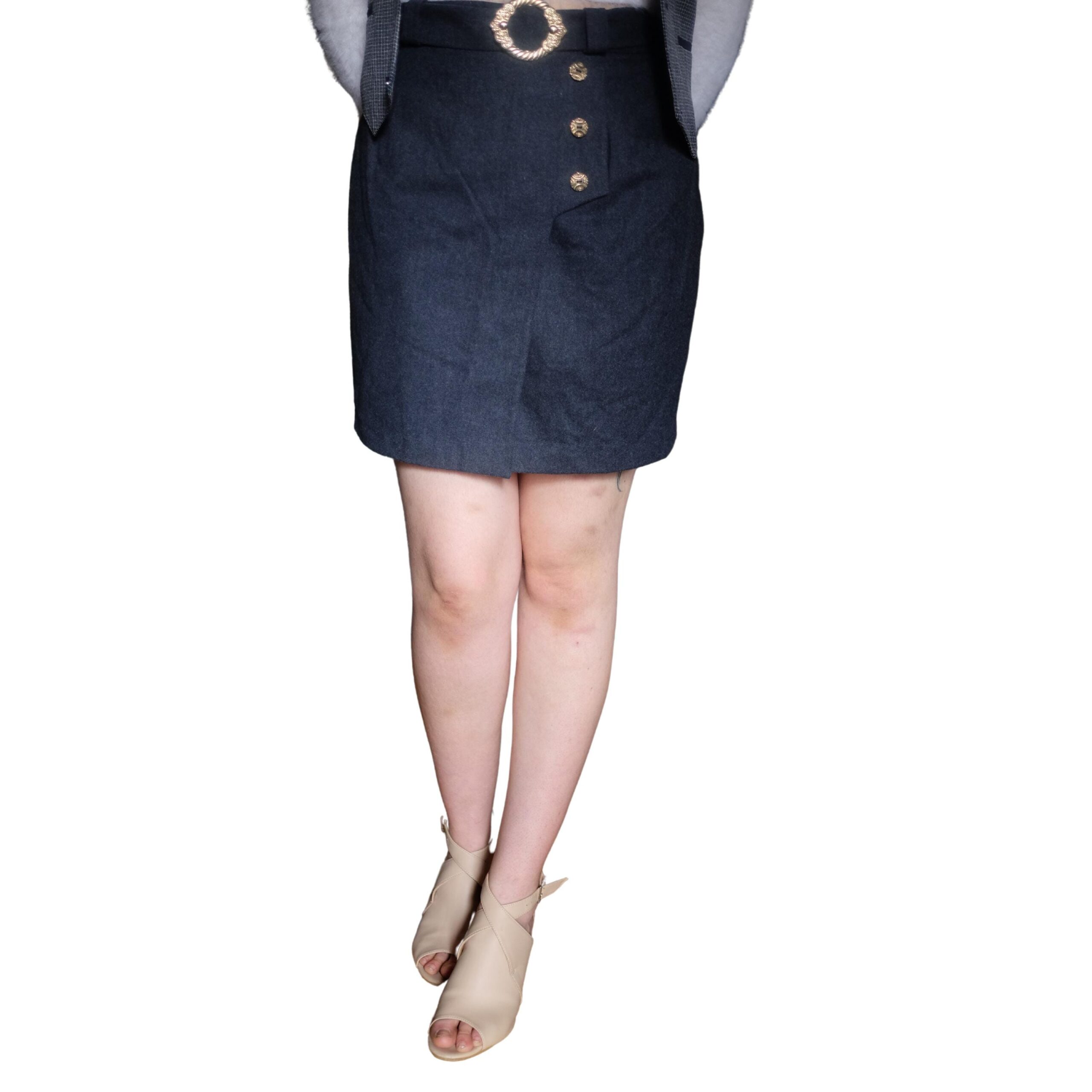Vintage Blue Pencil Skirt with Golden Buckles and Buttons, Wool mini skirt