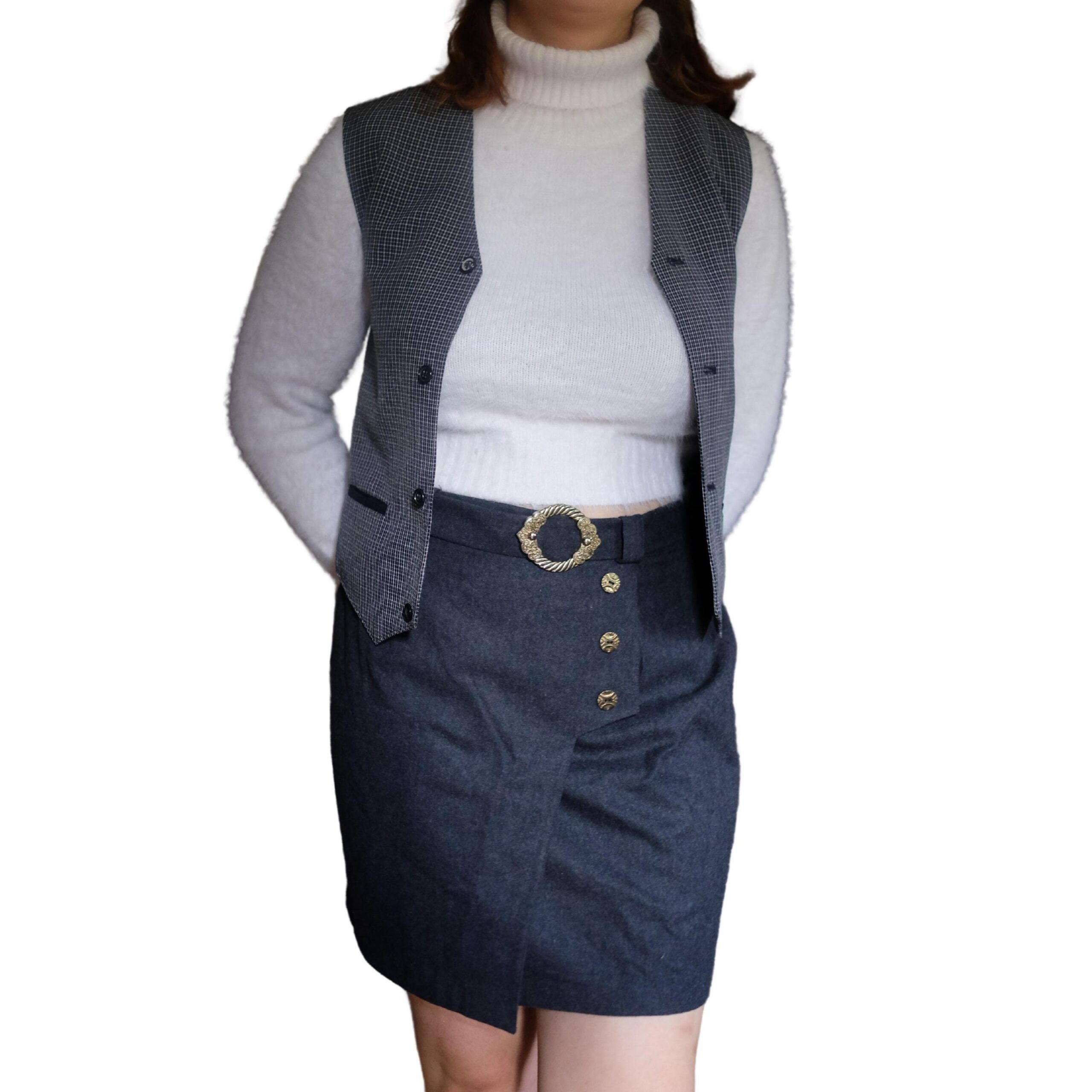 Vintage Blue Pencil Skirt with Golden Buckles and Buttons, Wool mini skirt - Image 7