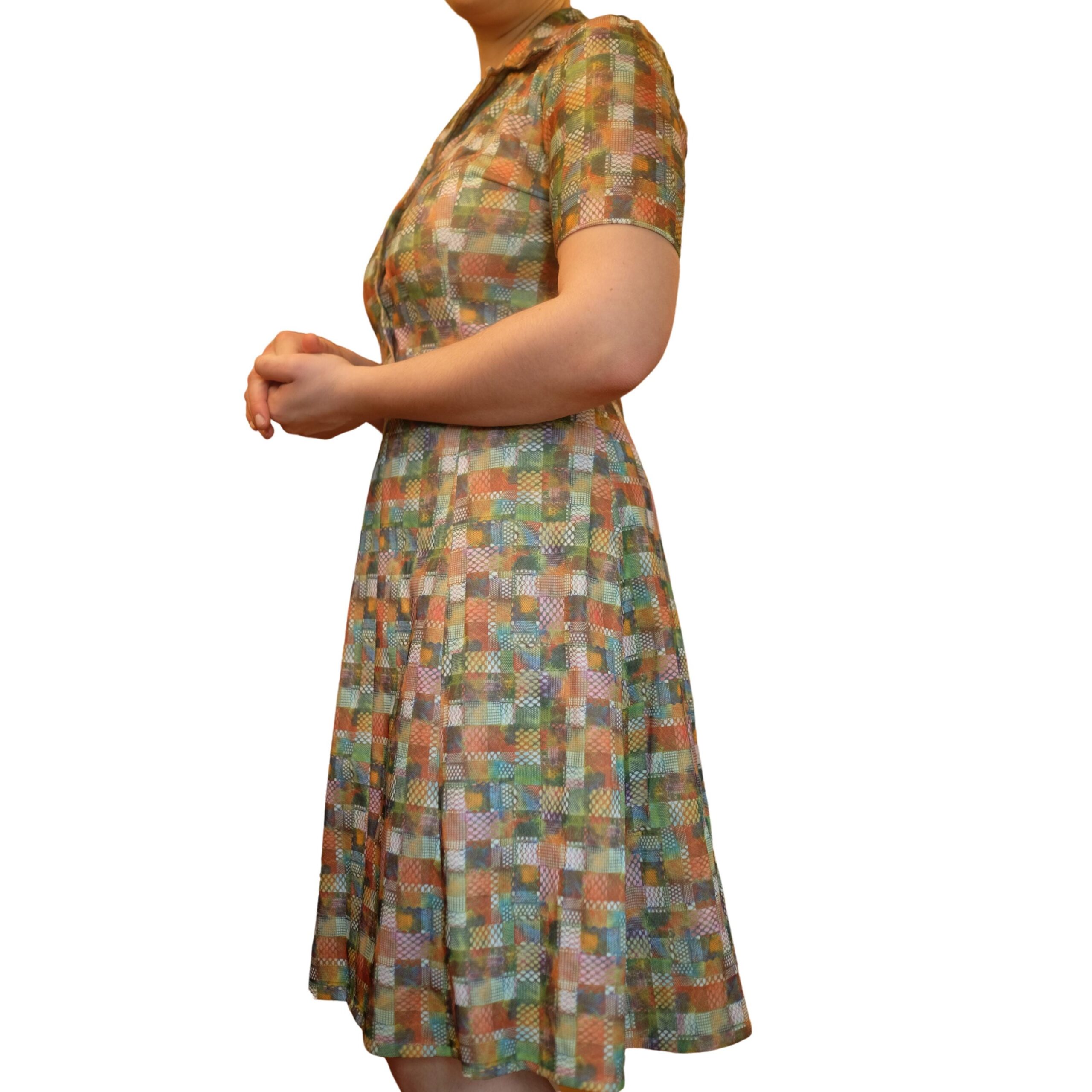 Vintage Brown Fitted 80s Dress with Abstract Pattern - Image 7