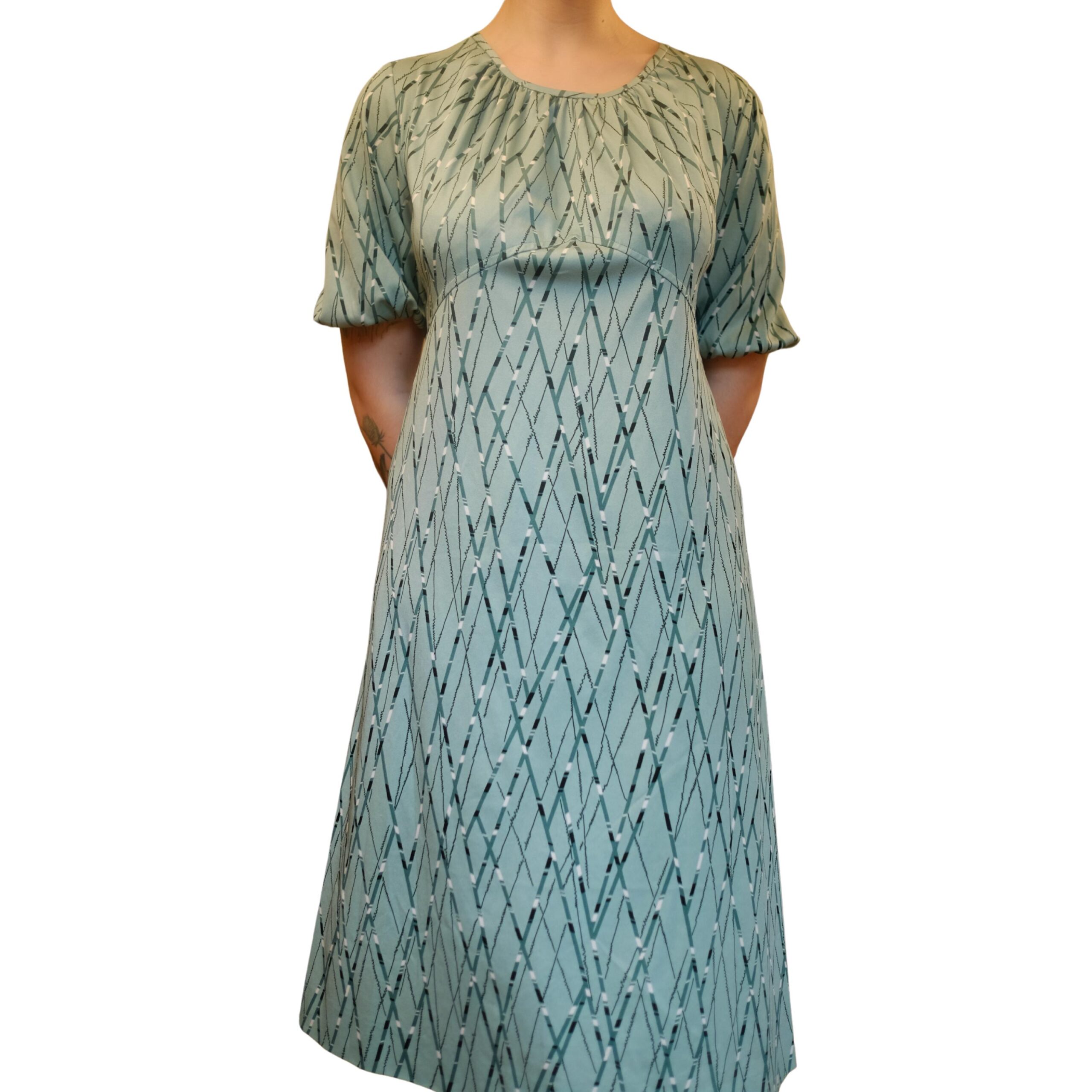 Vintage Blue 80s Dress with Geometrical Pattern - Image 2