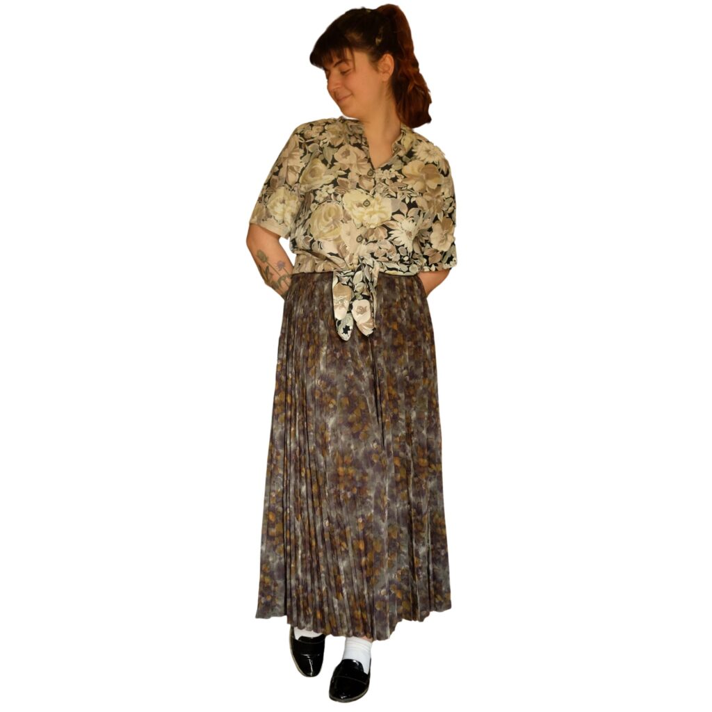 Vintage Floral Long Pleated Skirt in Earthy tones