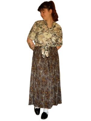 Vintage Floral Long Pleated Skirt in Earthy tones