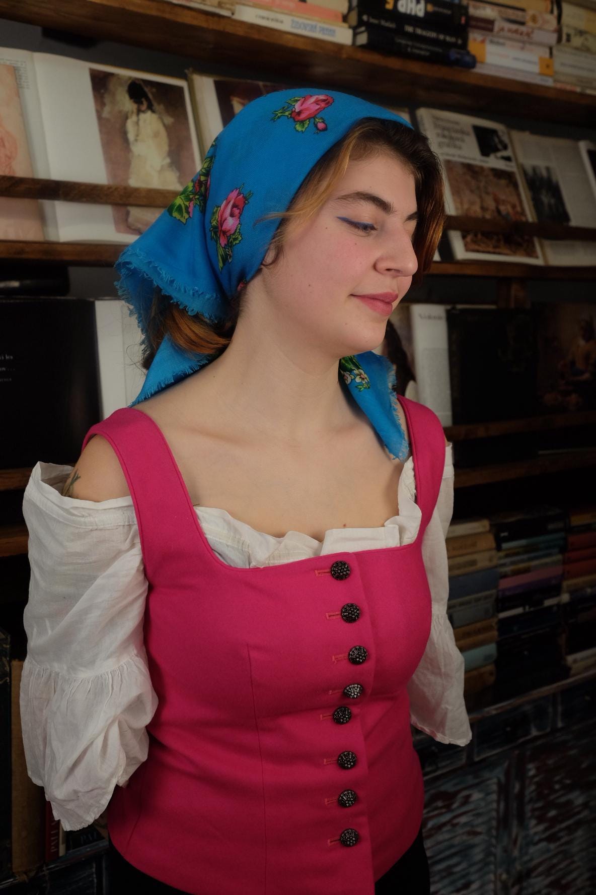 Antique Blue Slavic Folk Headscarf with Pink Floral Pattern - Image 7