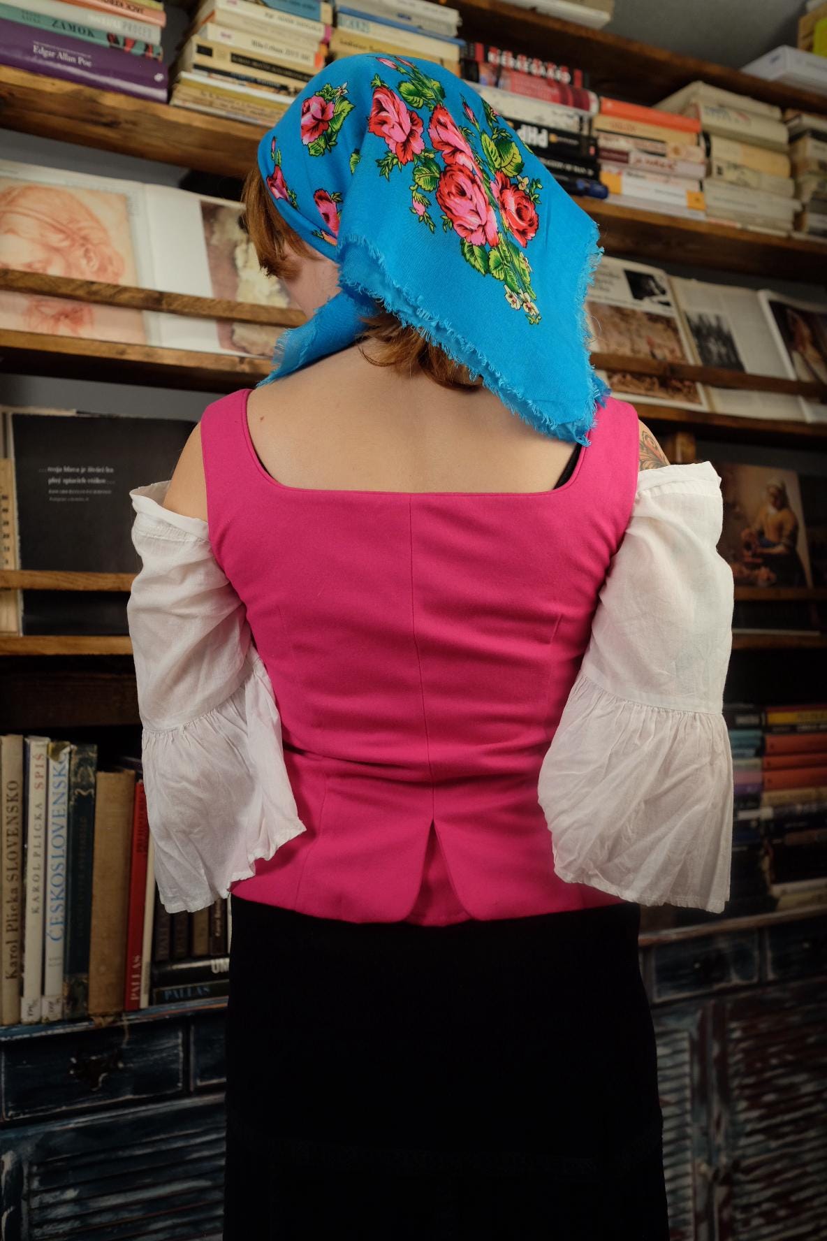 Antique Blue Slavic Folk Headscarf with Pink Floral Pattern - Image 6