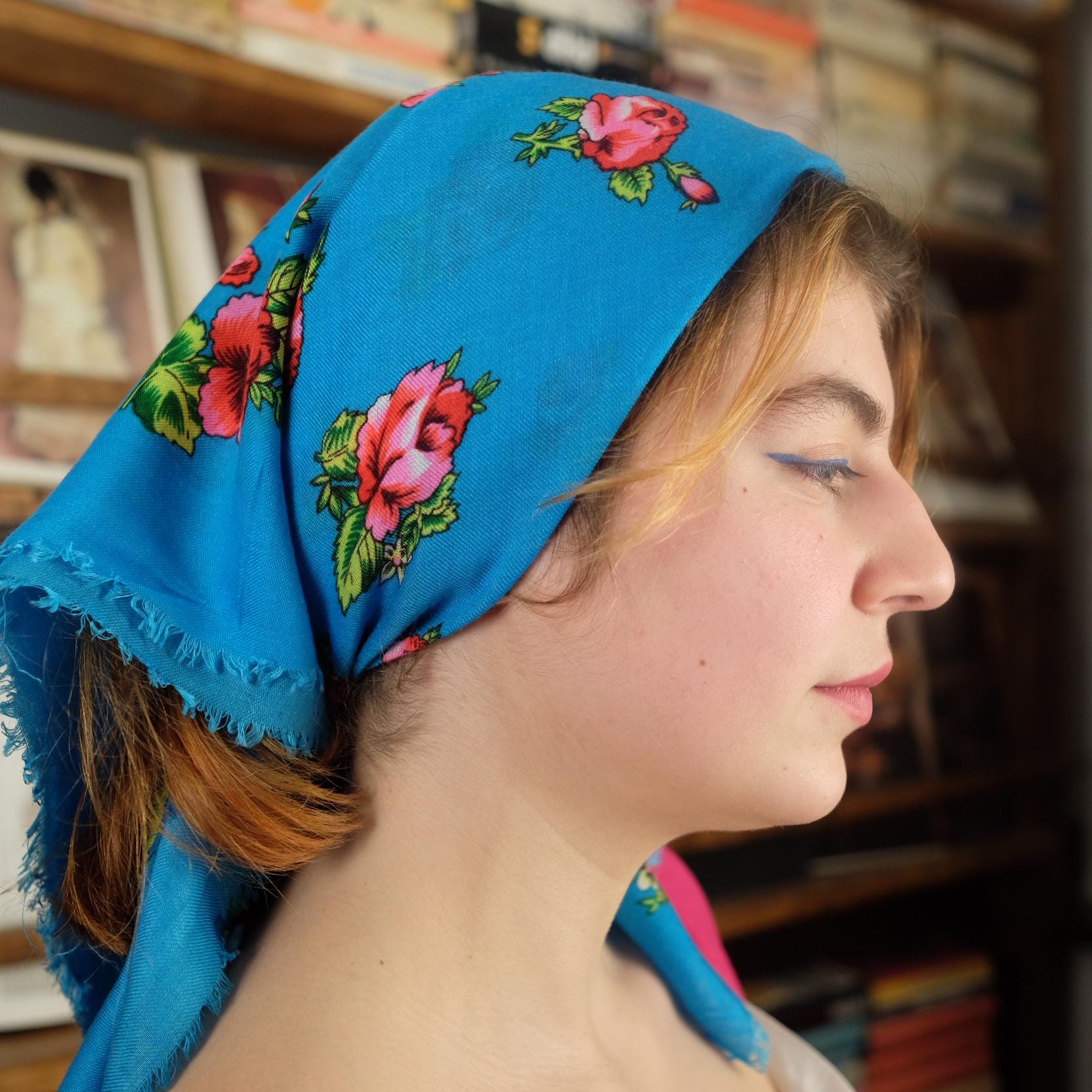 Antique Blue Slavic Folk Headscarf with Pink Floral Pattern - Image 4