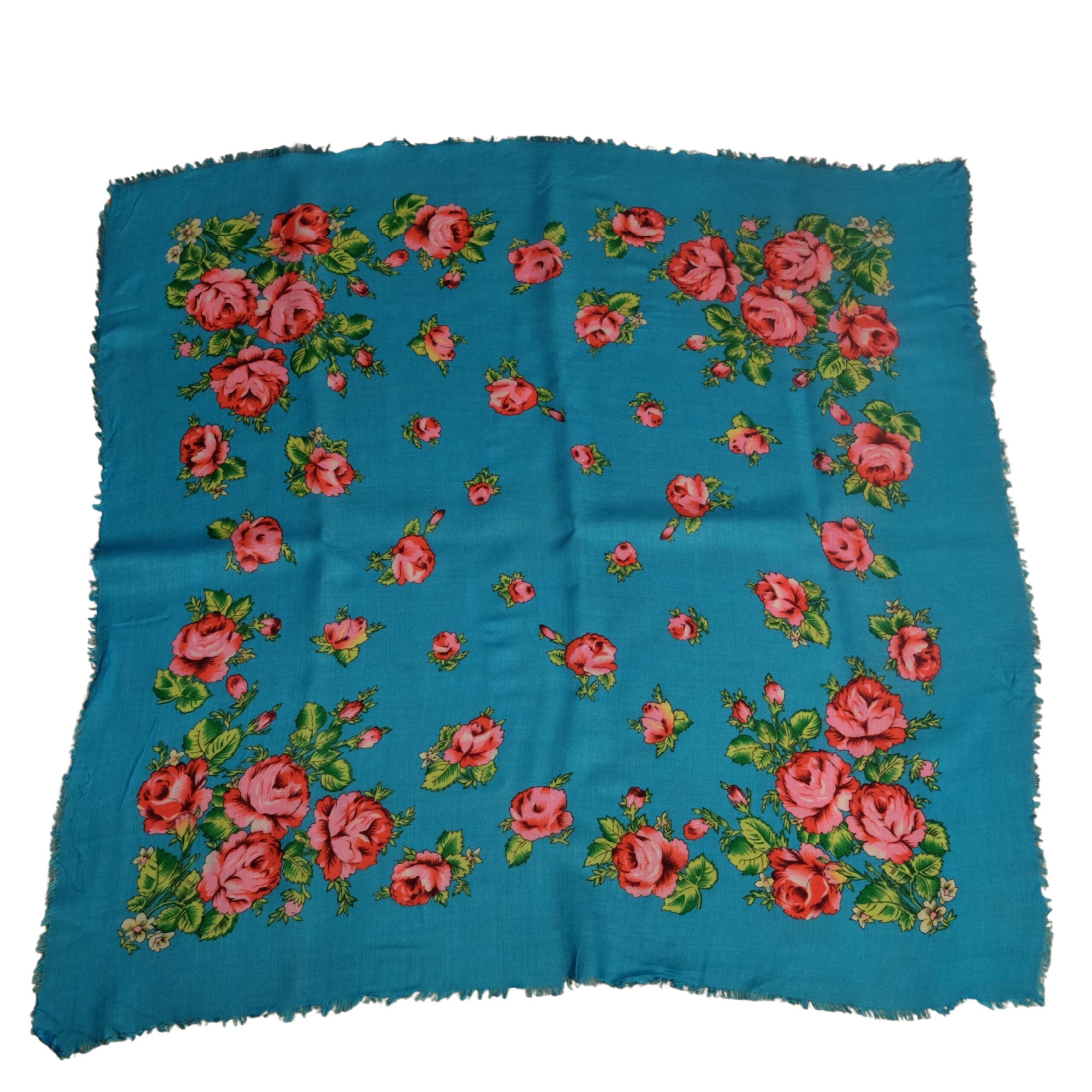 Antique Blue Slavic Folk Headscarf with Pink Floral Pattern - Image 3