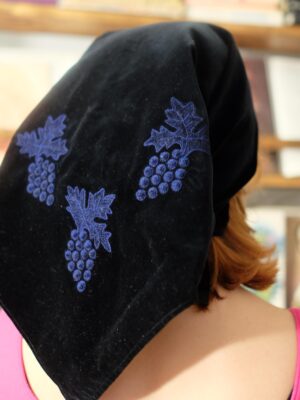 Vintage Antique Black Velvet Headscarf with Grapes Detail