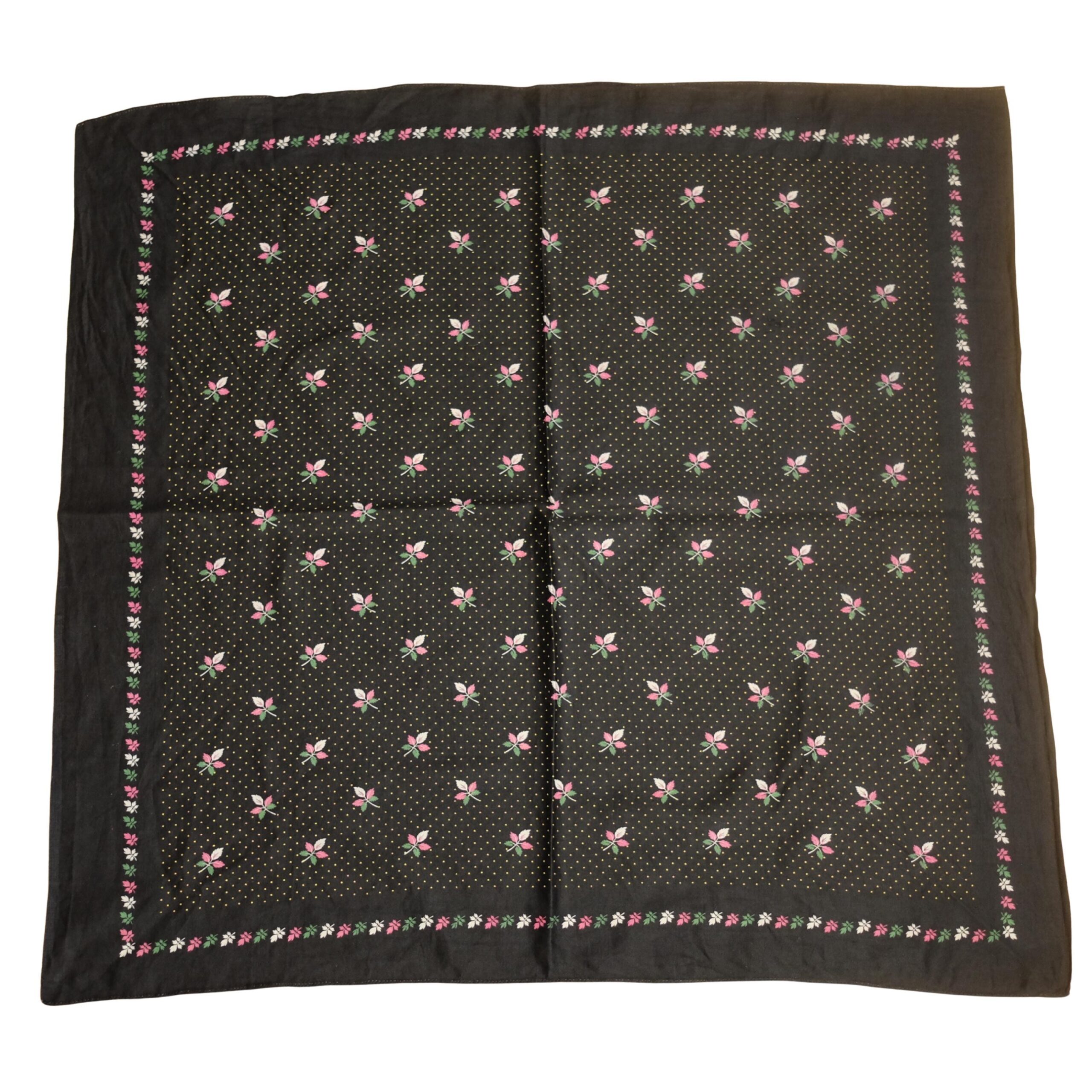 Vintage Black Headscarf with Dots and Leaf Details - Image 3