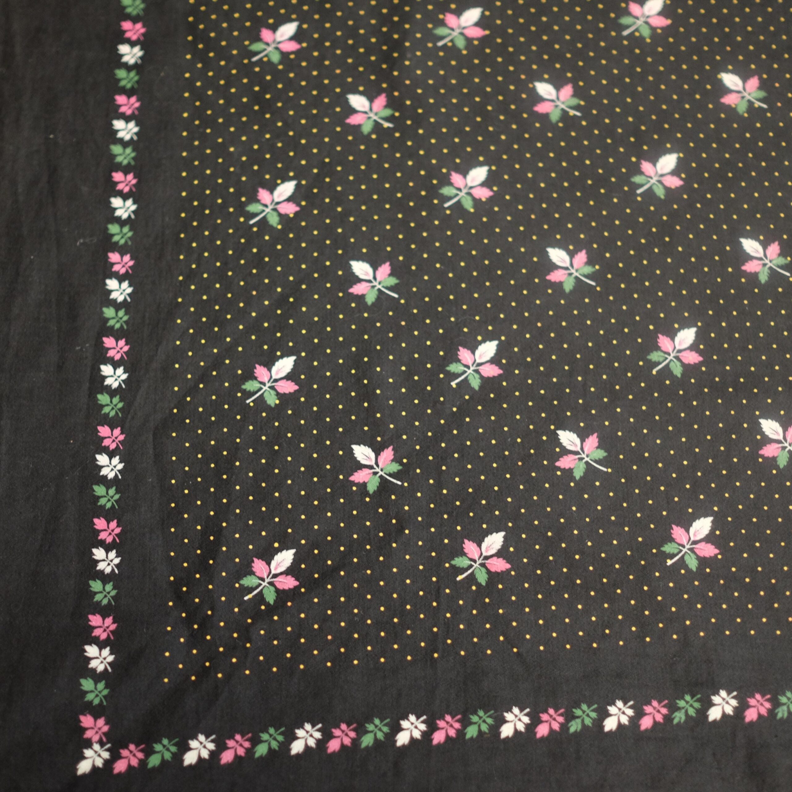 Vintage Black Headscarf with Dots and Leaf Details - Image 7