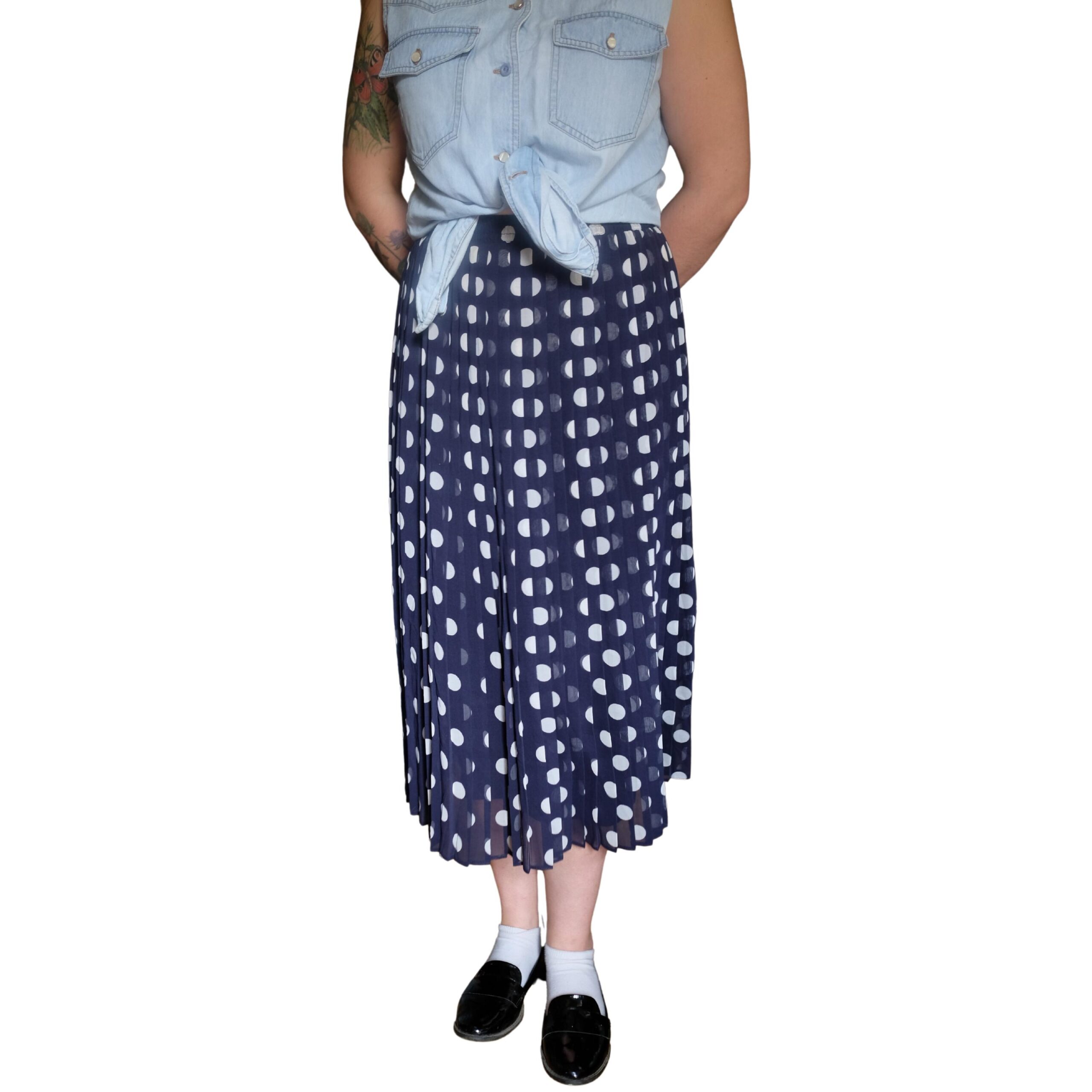 Vintage Navy Blue and White Polka Dots Pleated Skirt - Image 2