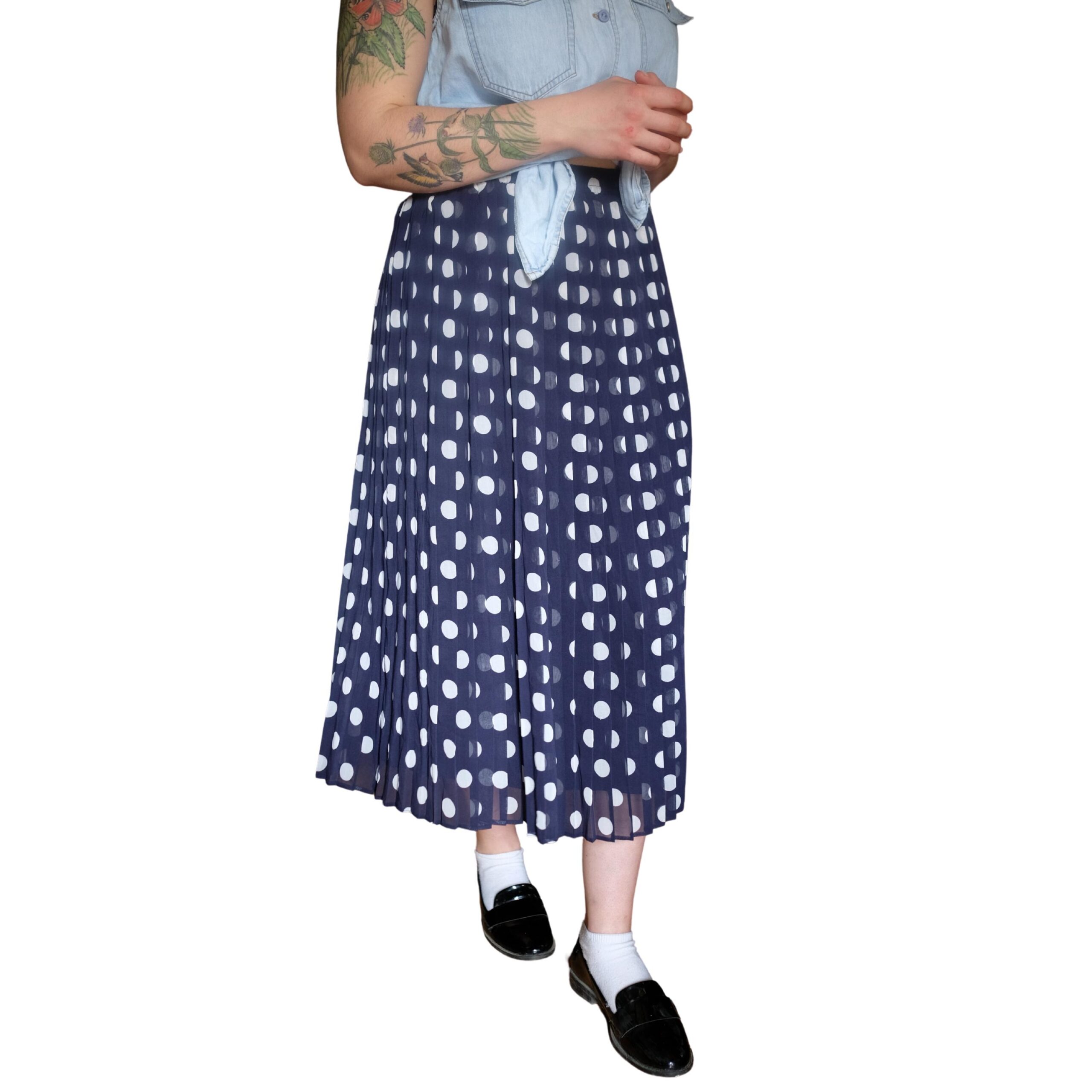 Vintage Navy Blue and White Polka Dots Pleated Skirt - Image 6