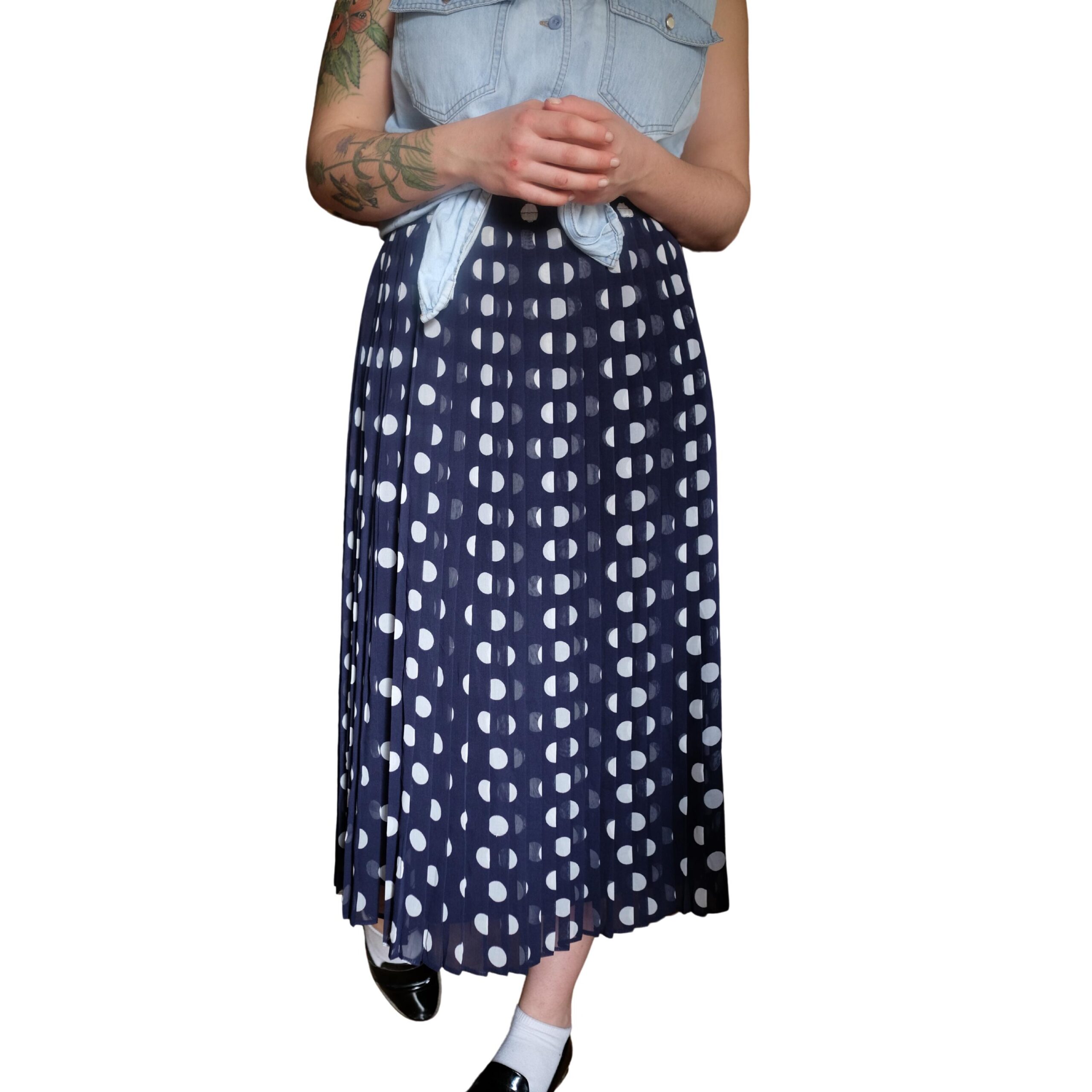 Vintage Navy Blue and White Polka Dots Pleated Skirt - Image 5