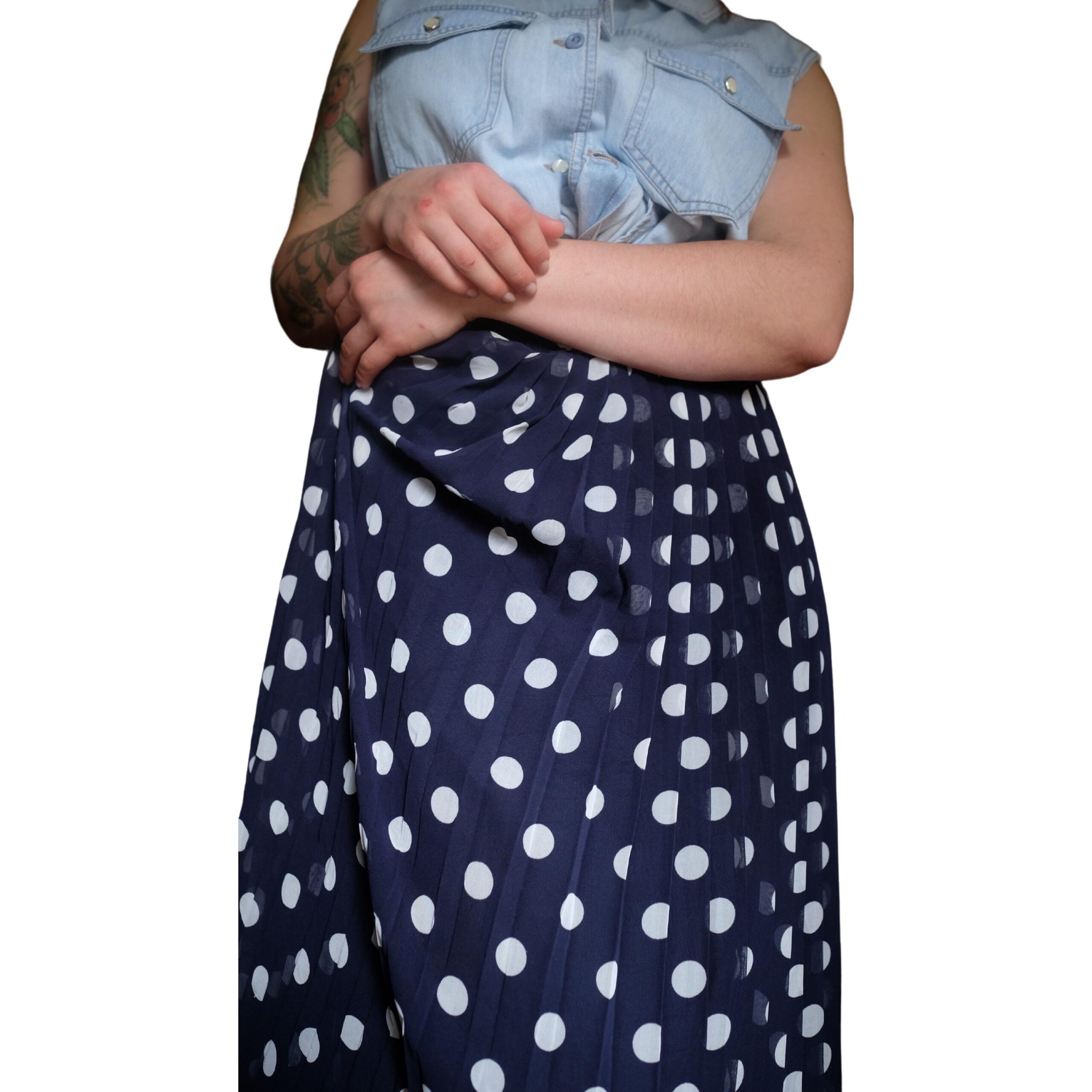 Vintage Navy Blue and White Polka Dots Pleated Skirt - Image 10