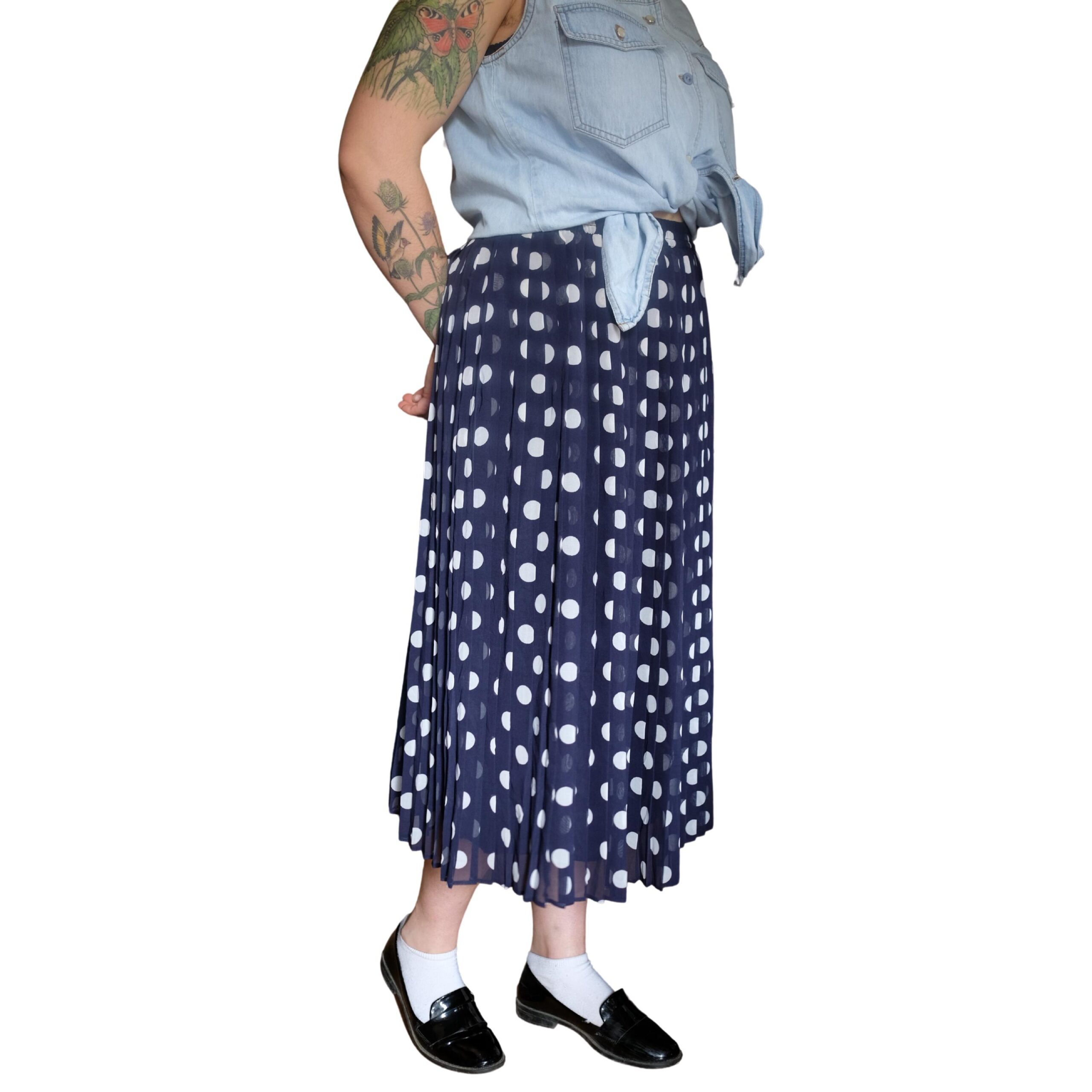 Vintage Navy Blue and White Polka Dots Pleated Skirt - Image 9