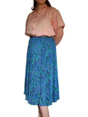 Vintage Blue Floral Mid-Calf Pleated Skirt