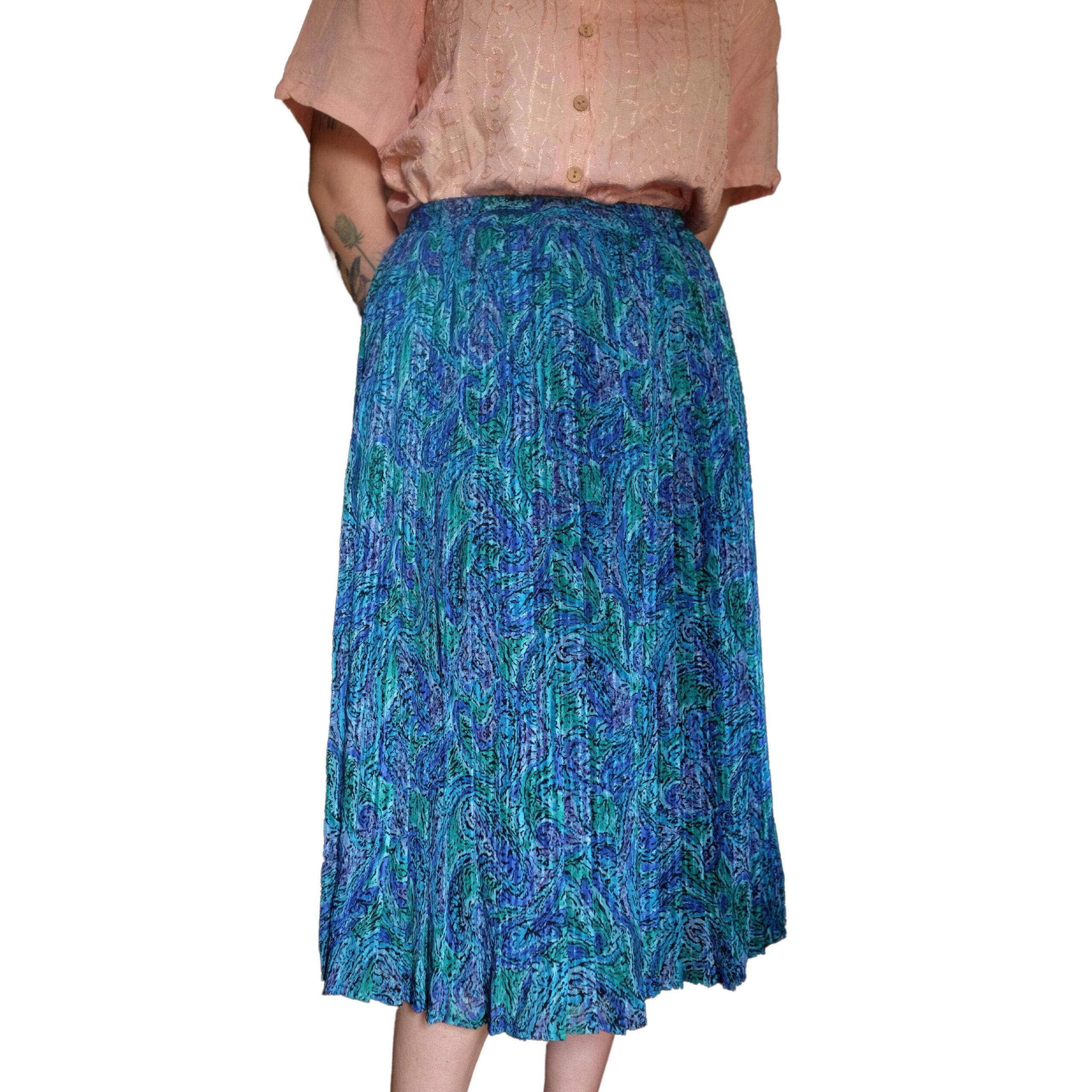 Vintage Blue Floral Mid-Calf Pleated Skirt - Image 2