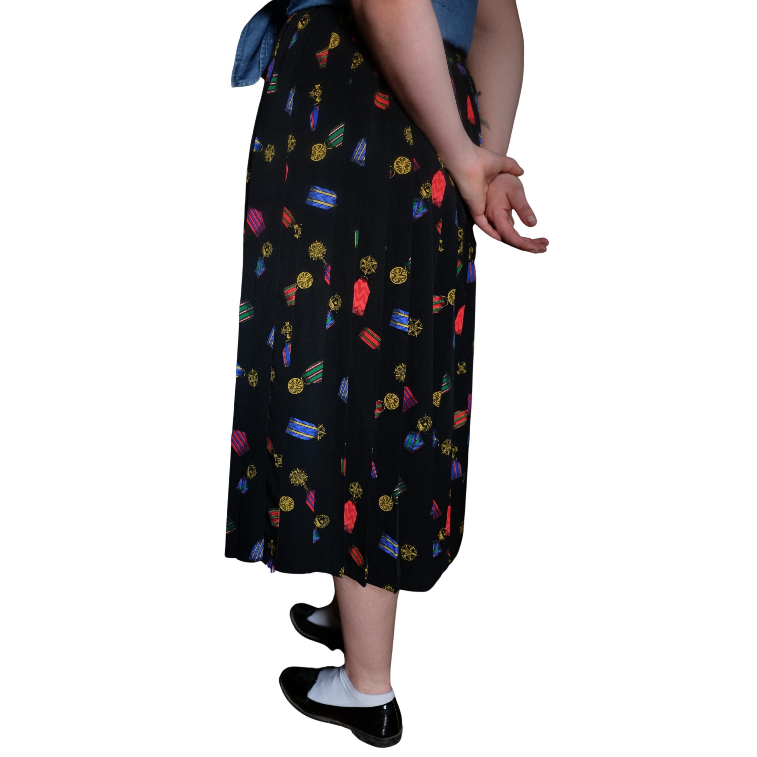 Vintage Black Pleated Skirt with Medals Pattern - Image 2