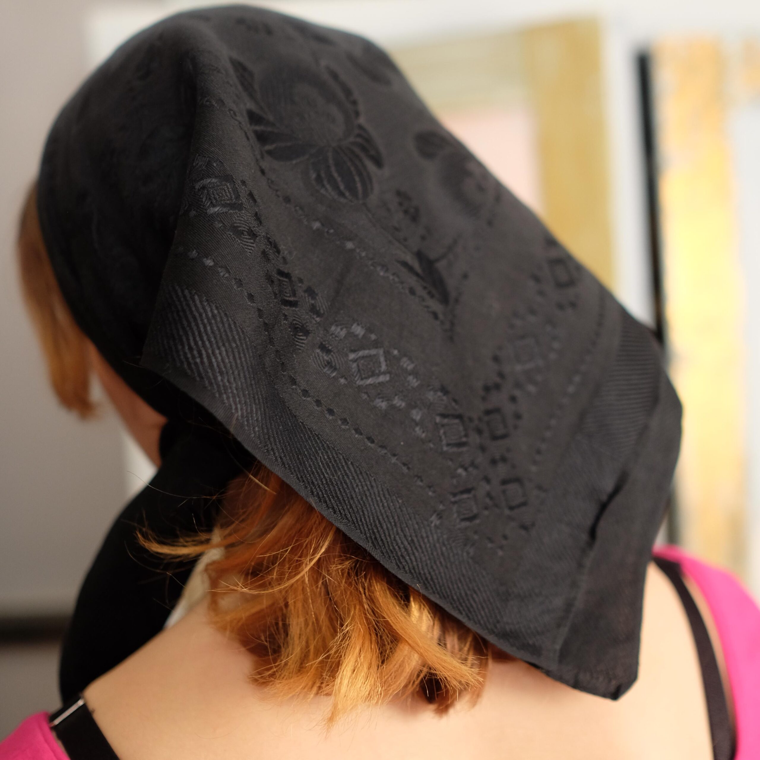 Antique Vintage Slavic Folk Black Headscarf with Floral Pattern - Image 2