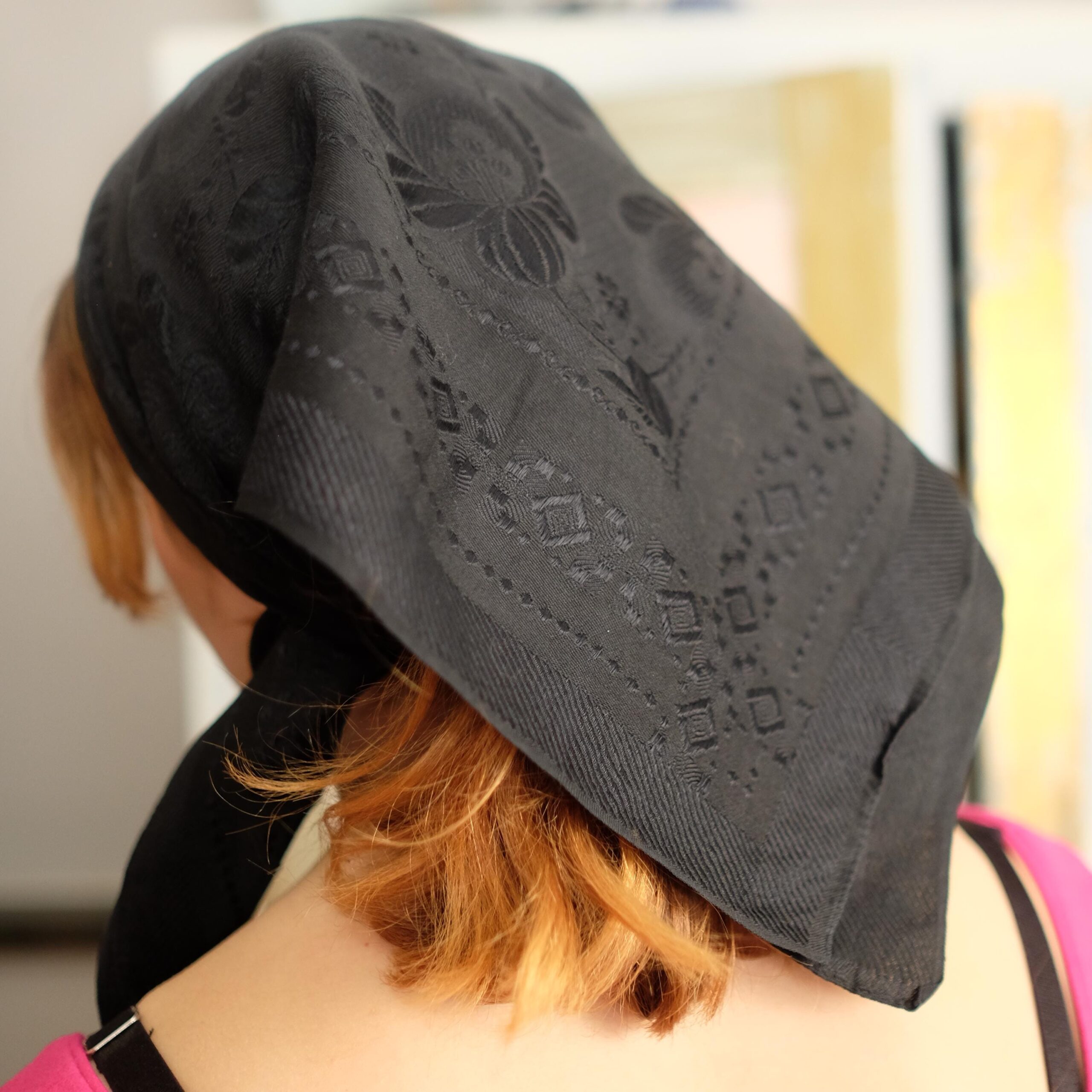 Antique Vintage Slavic Folk Black Headscarf with Floral Pattern - Image 9