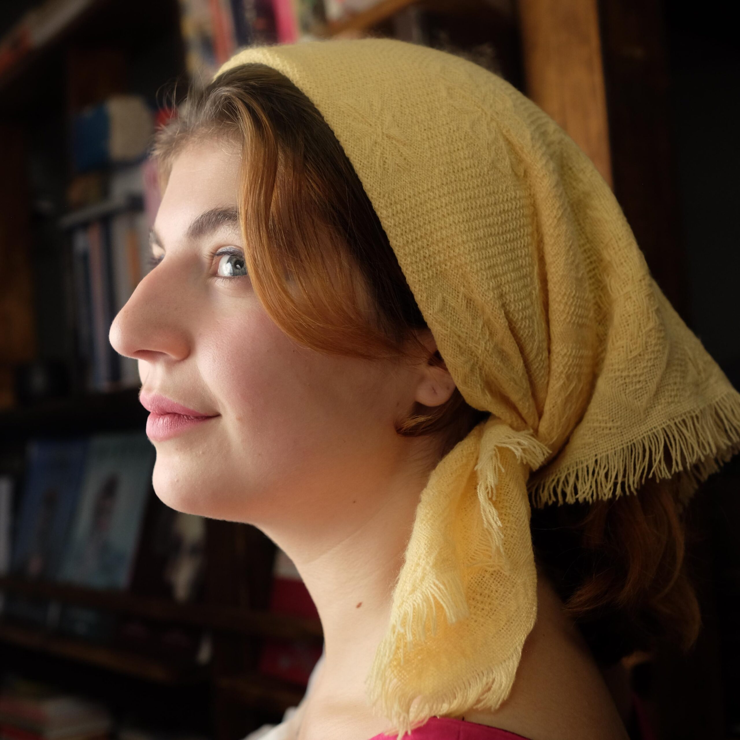 Antique Wool Slavic Folk Yellow Headscarf with Floral Embroidery - Image 10