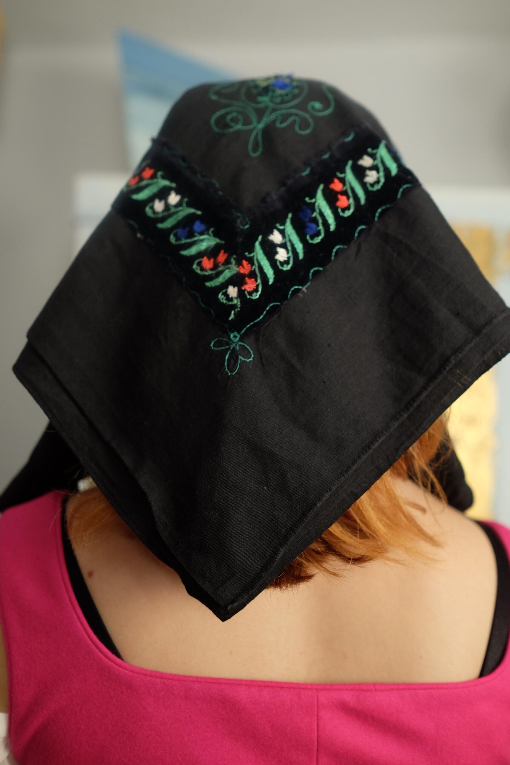 Antique Slavic Folk Festive Black Headscarf with Colorful Embroidery - Image 10