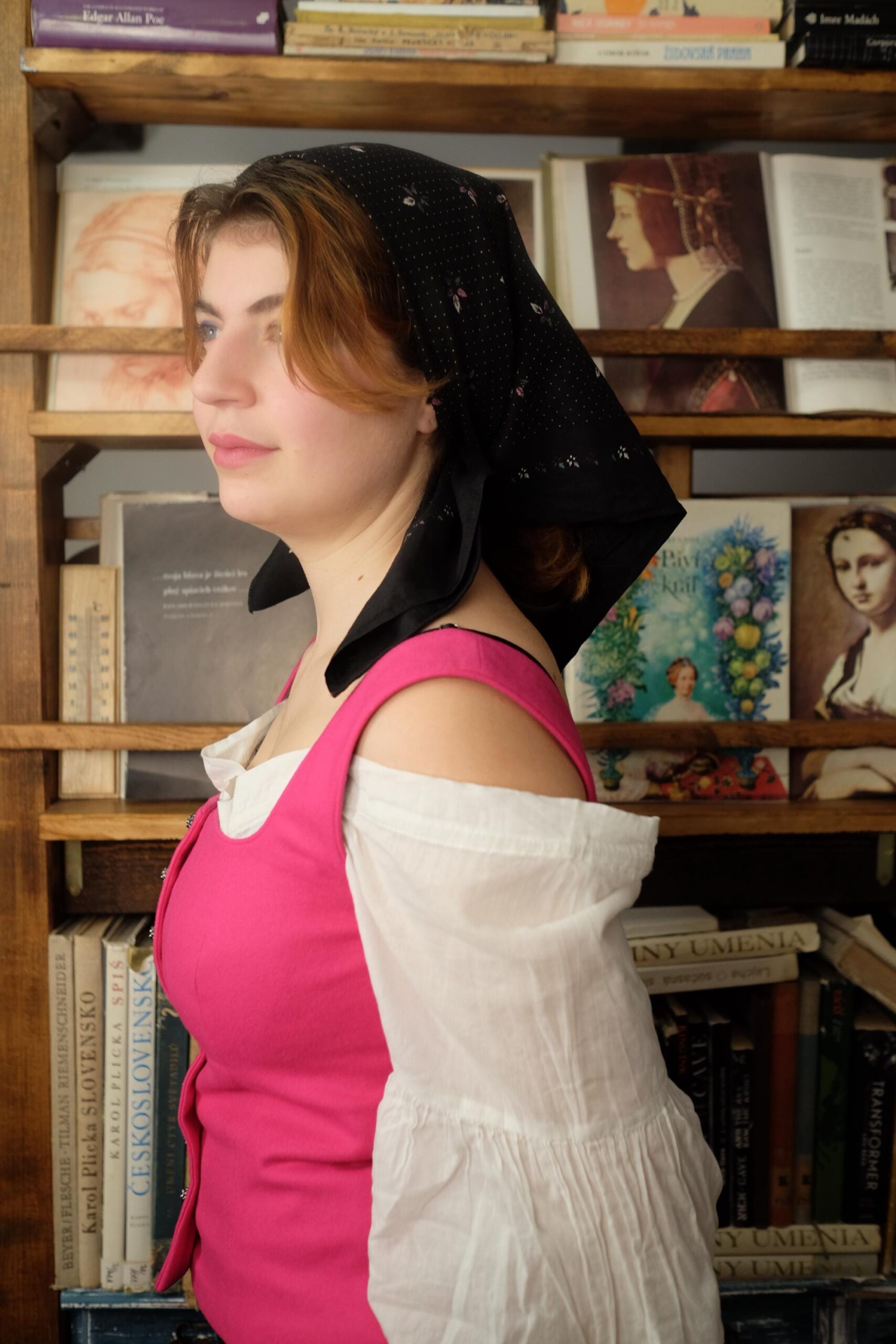 Vintage Black Headscarf with Dots and Leaf Details - Image 10