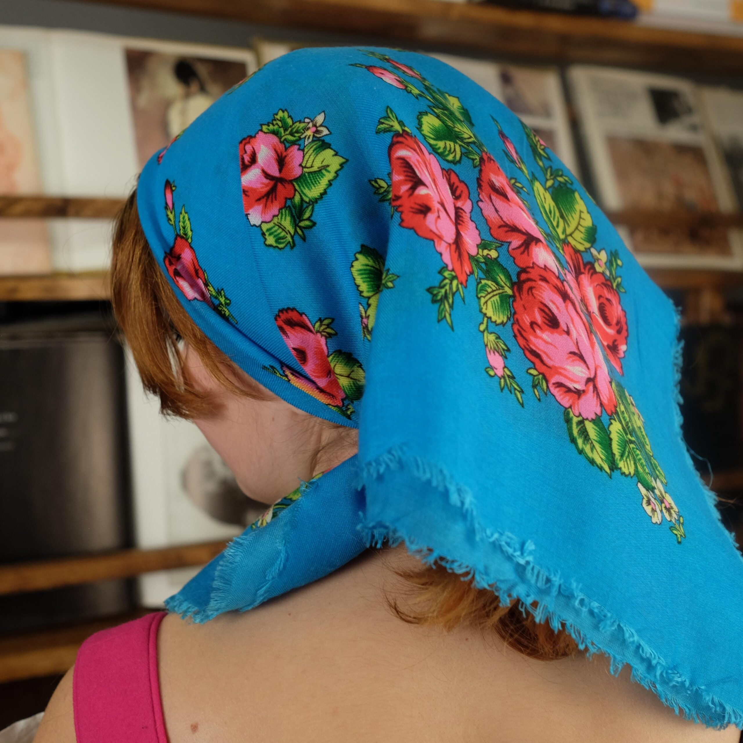 Antique Blue Slavic Folk Headscarf with Pink Floral Pattern