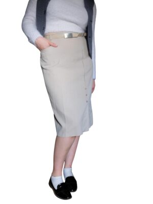 Vintage Below the Knee Cream Pencil Skirt with Intricate Details