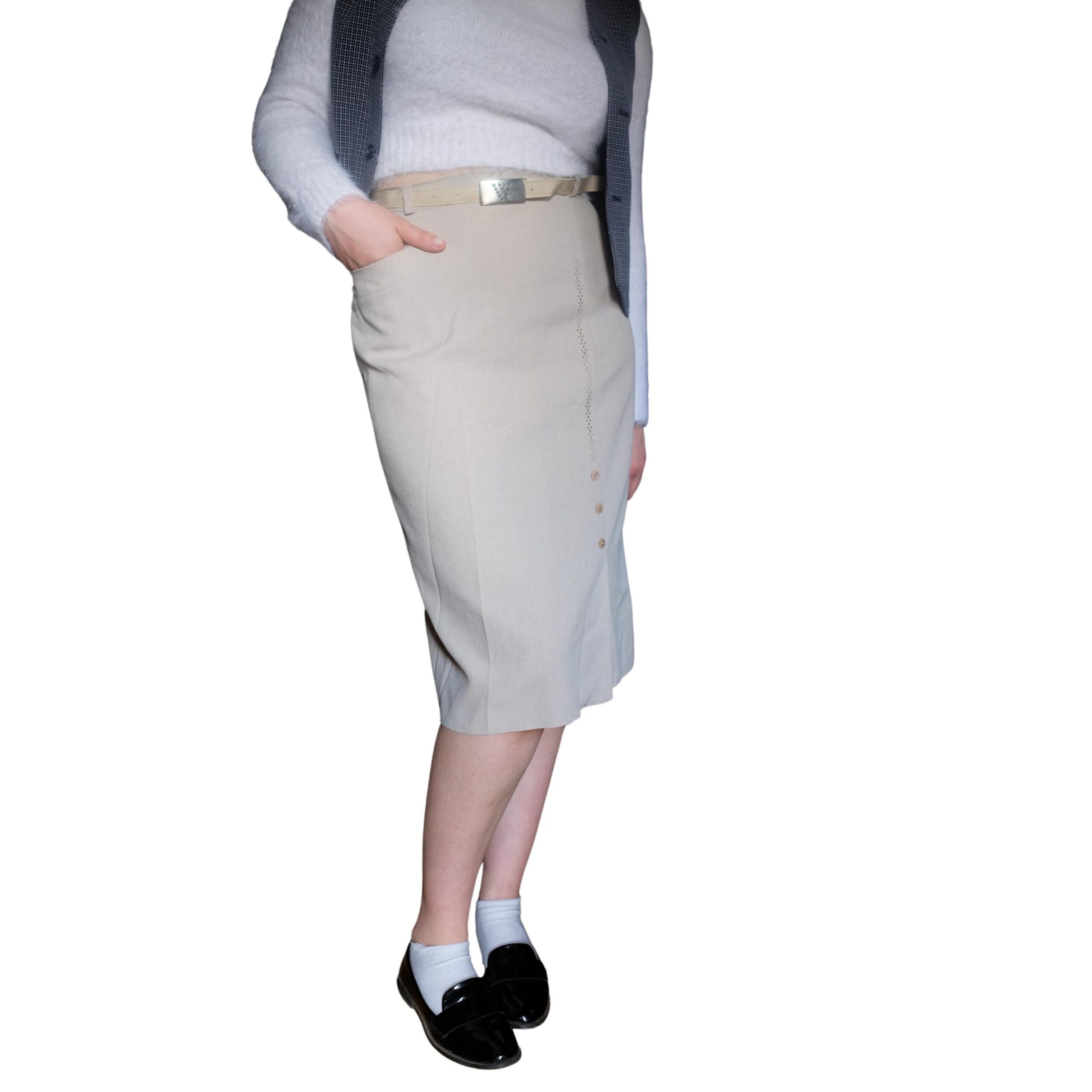 Vintage Below the Knee Cream Pencil Skirt with Intricate Details