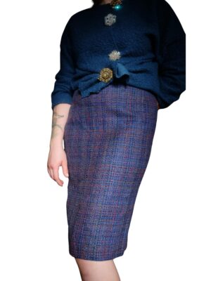 Vintage Purple Tweed Pencil Skirt, Cute 90s Colorful Plaid skirt