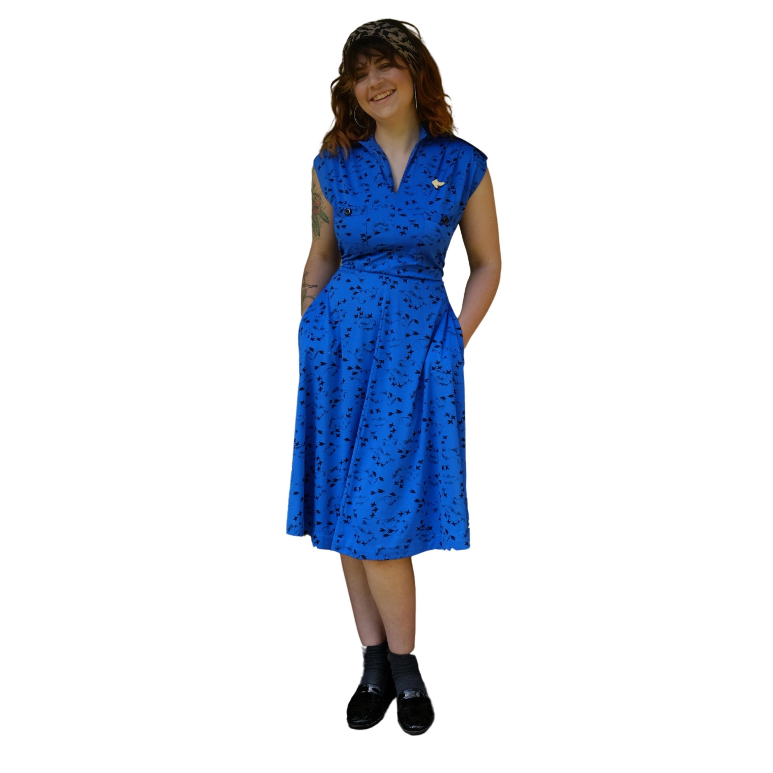 Vintage Blue A-Line 80s Dress with Birds Pattern - Image 2