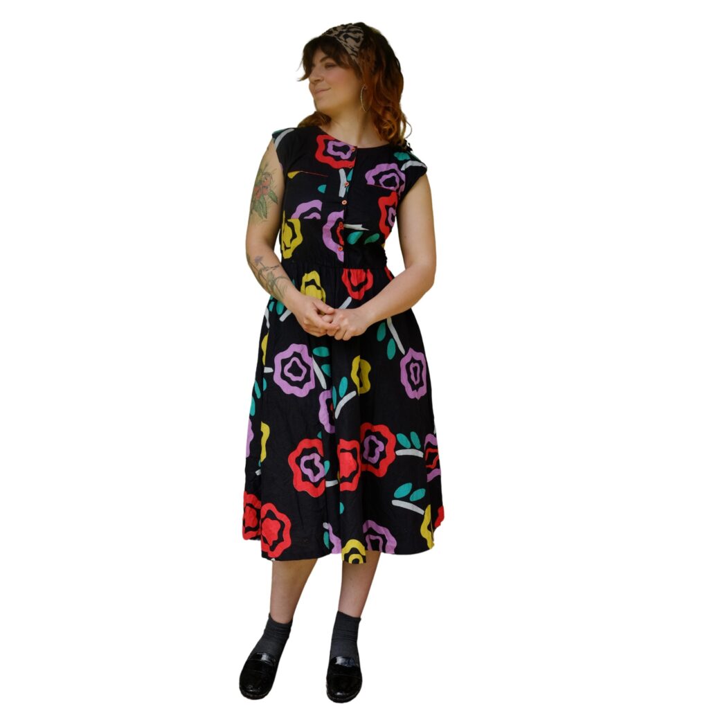 Vintage Black 80s Dress with Colorful Floral Pattern