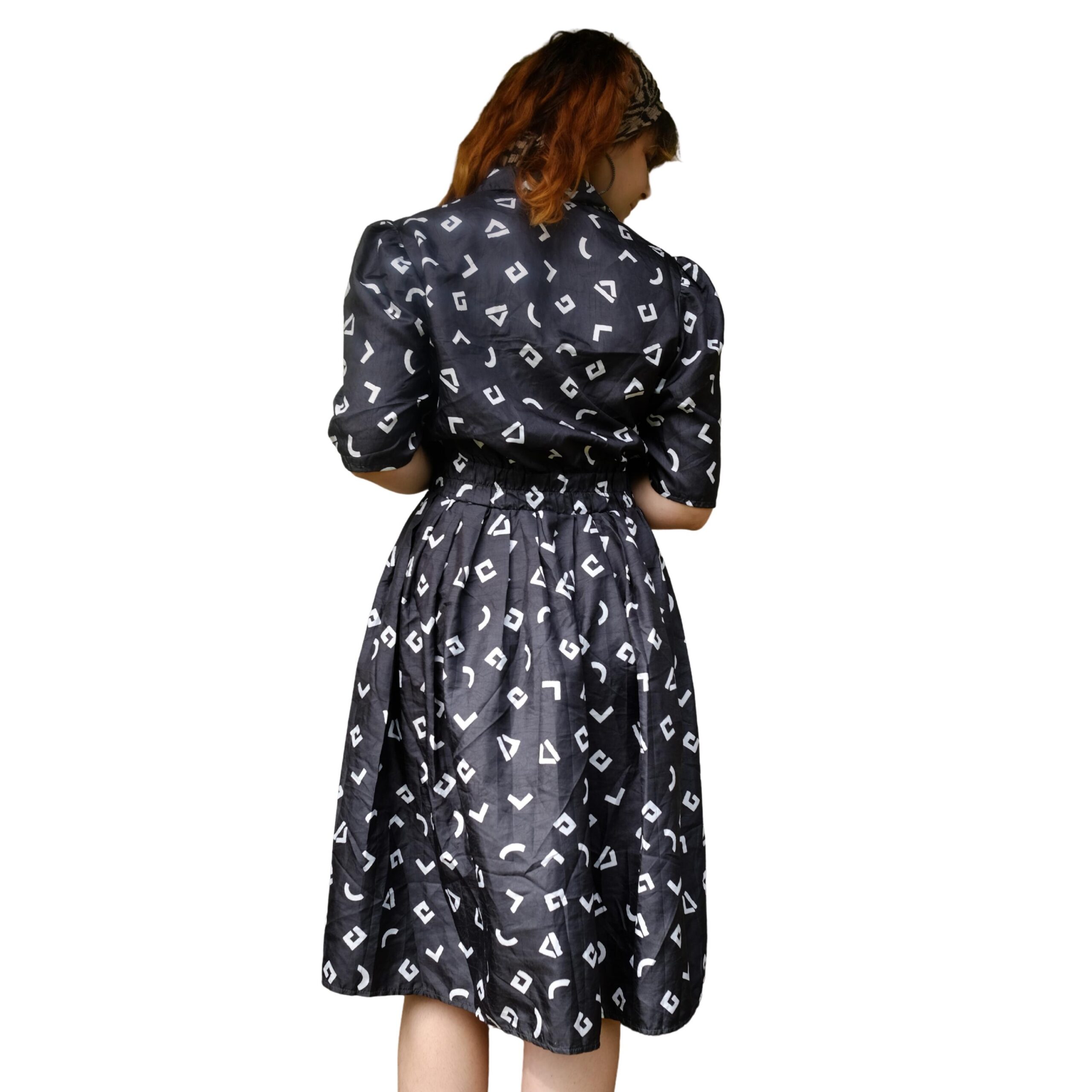 Vintage Black 80s Dress with Geometrics White Design - Image 3