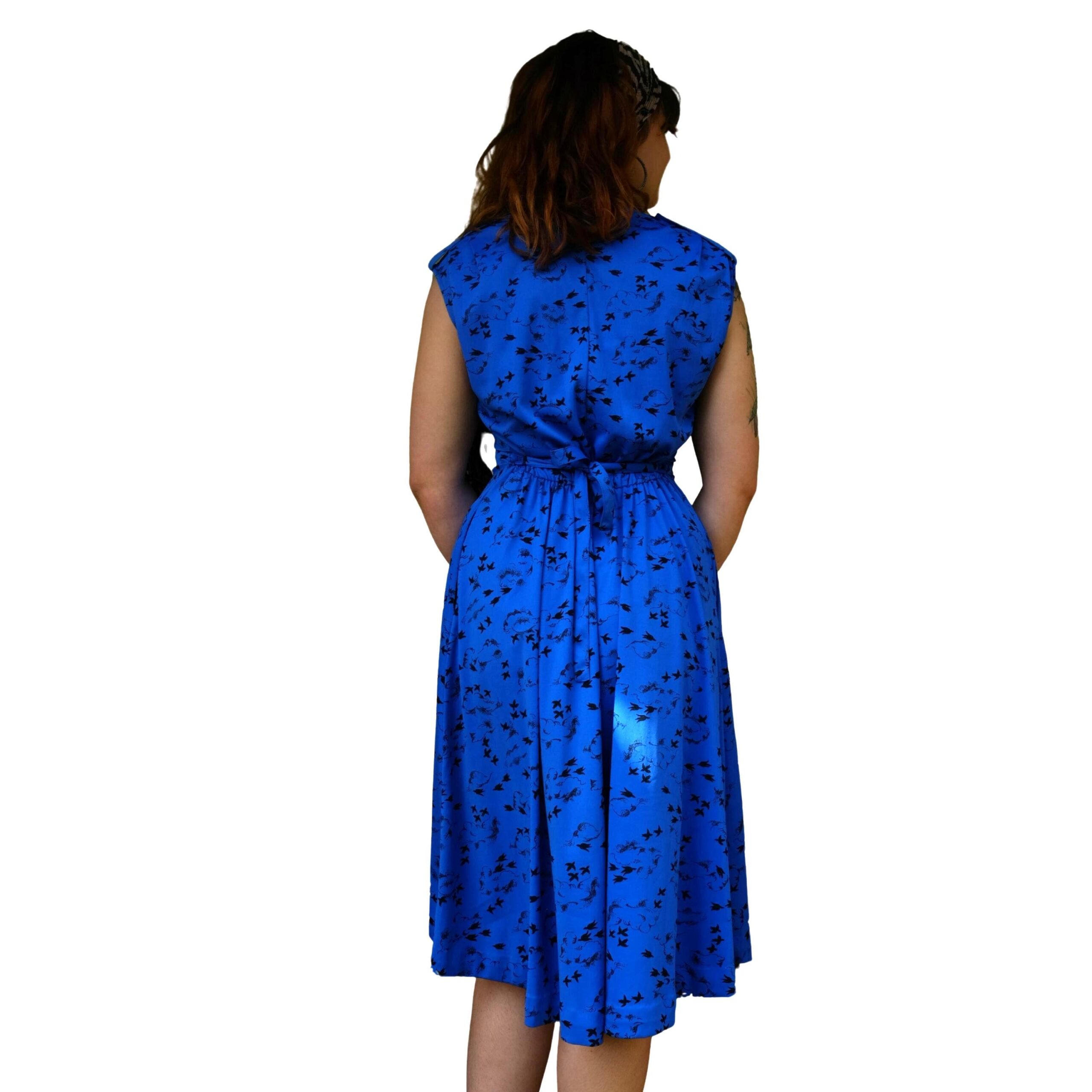 Vintage Blue A-Line 80s Dress with Birds Pattern - Image 5
